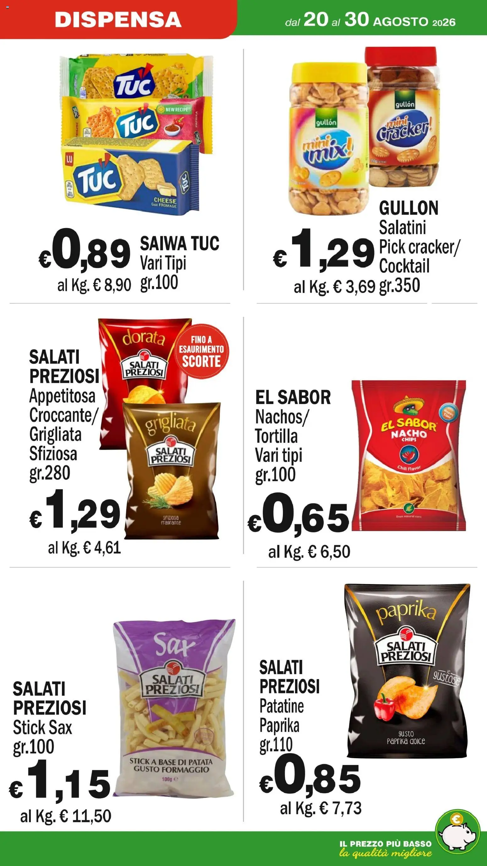 Volantino Primo Prezzo del 20/08/2026 | Pagina: 15 | Prodotti: Salatini, Cocktail, Formaggio, Basso