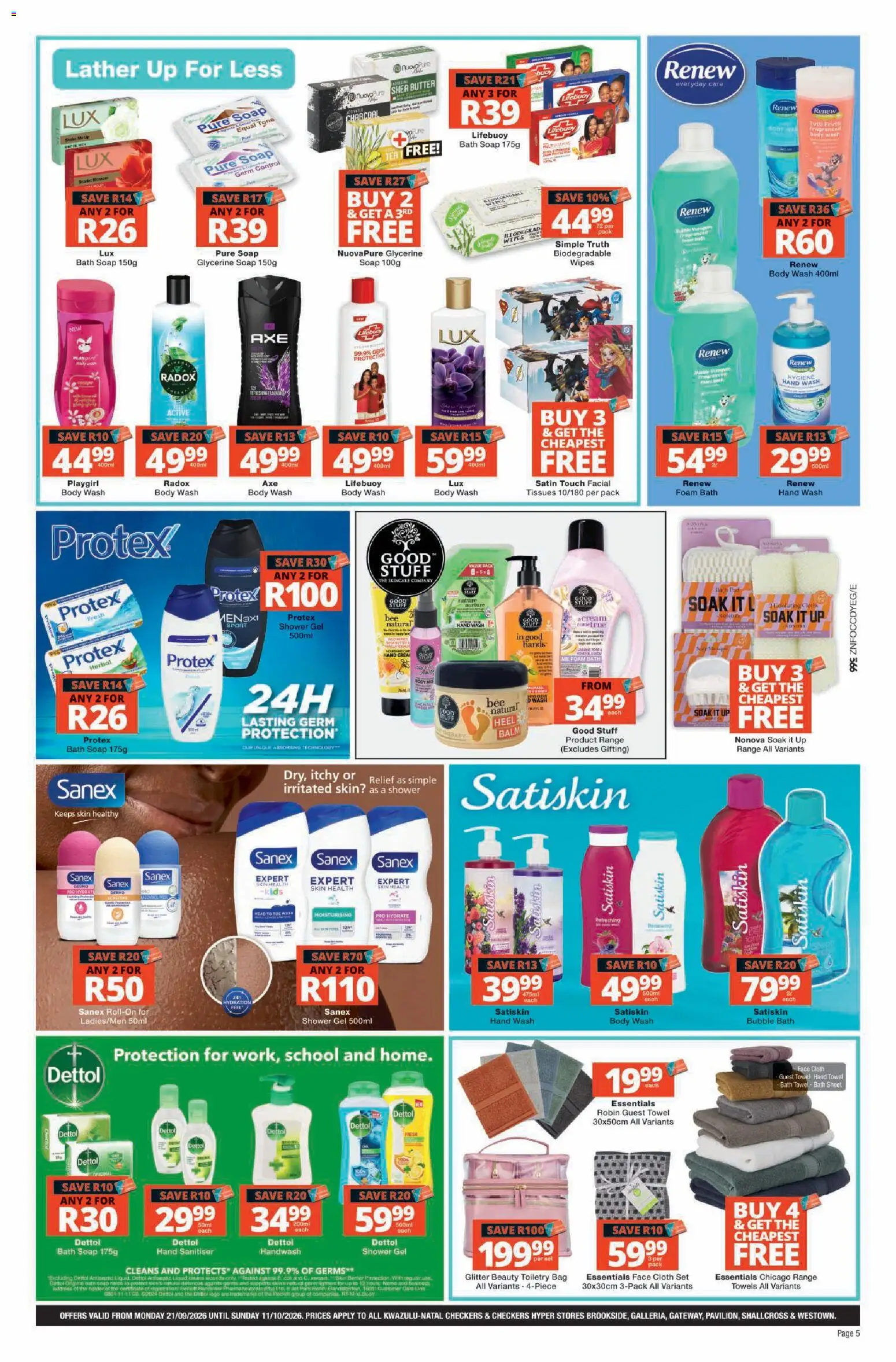 New Checkers catalogue – valid from 21/09/2026 | Page: 5 | Products: Shower, Shower gel, Sanitiser, Tissues