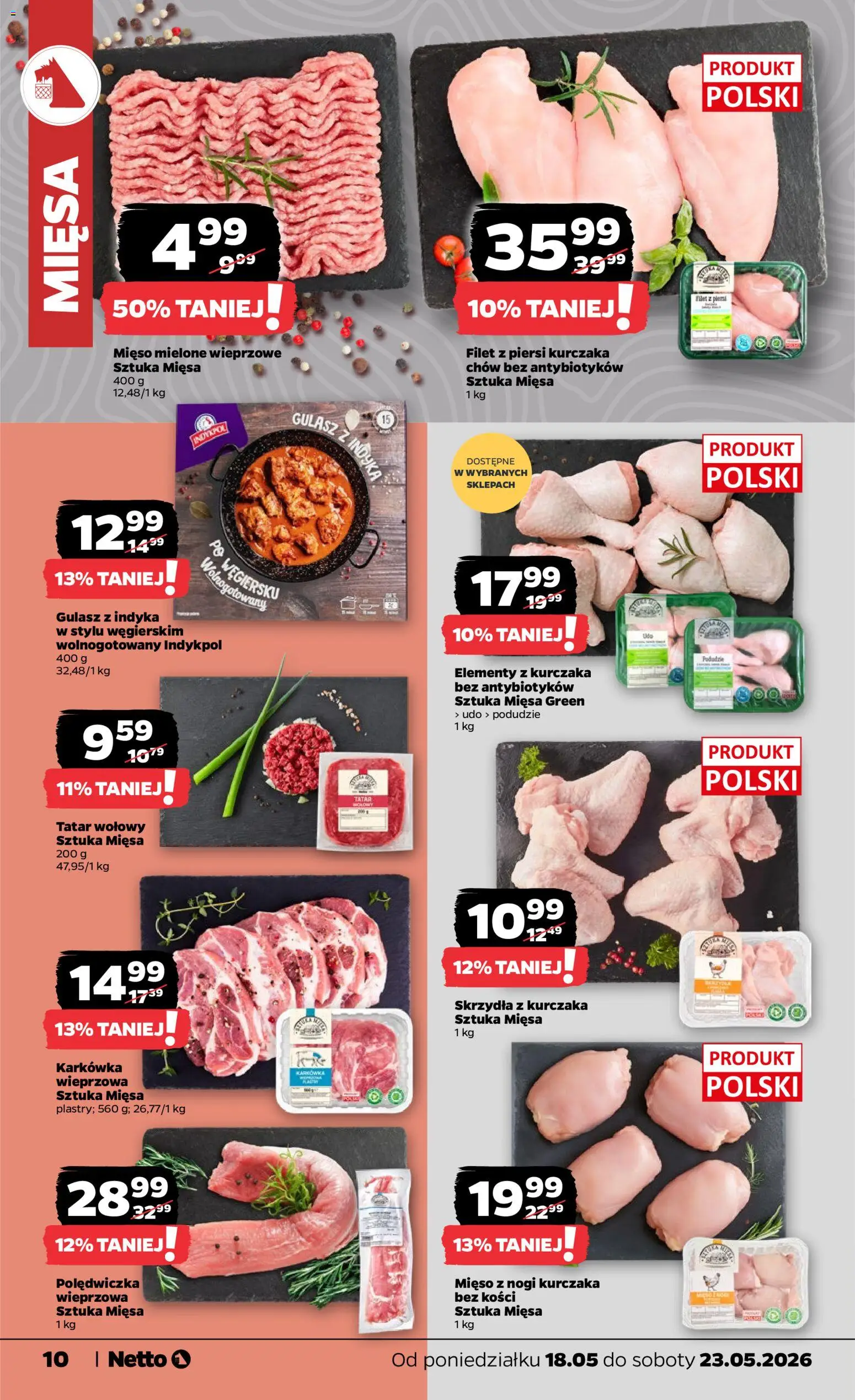 Netto gazetka od poniedziałku spożywcza od 18.05.2026 | Strona: 10 | Produkty: Tatar wołowy, Mięso, Mięso mielone, Gulasz