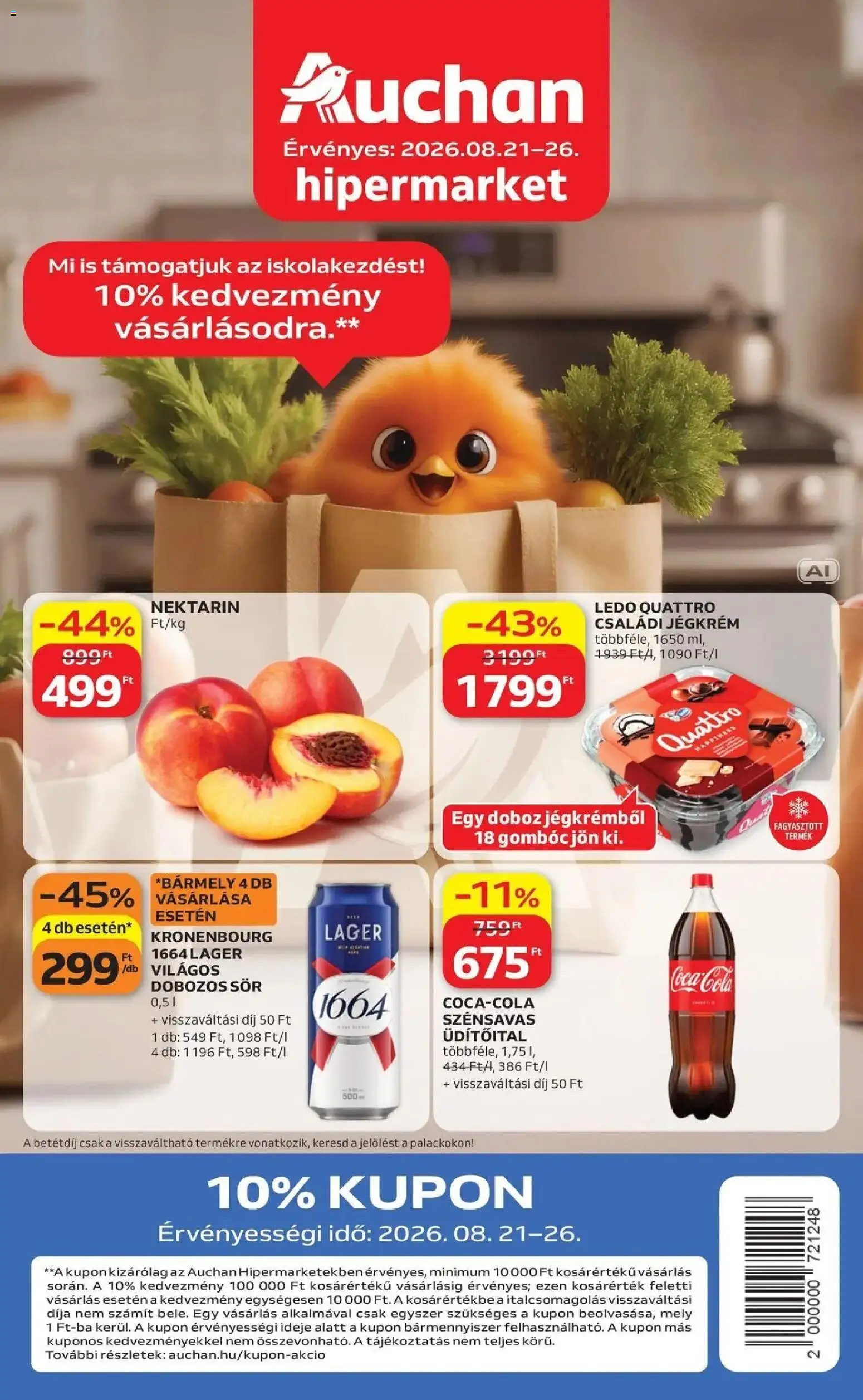Auchan akciós újság Szolnok - 2026.08.21. -tól/töl > akció, lapozható szórólap 🛍️ | Oldal: 1 | Termékek: Üdítőital, Doboz, Gombóc, Jégkrém