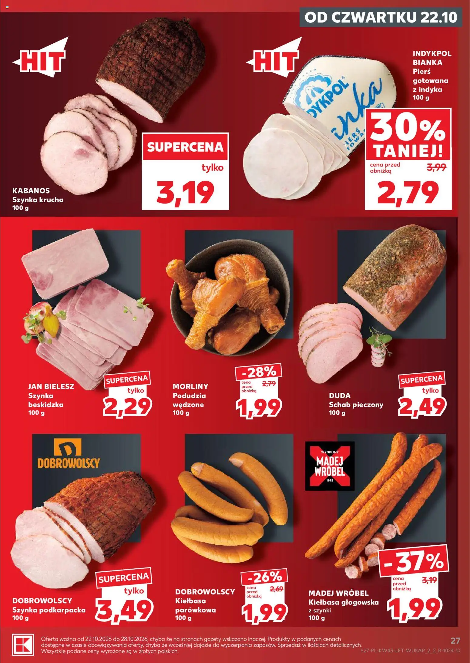 Kaufland gazetka od 22.10.2026 | Strona: 27 | Produkty: Kiełbasa, Szynka, Kabanos, Schab pieczony