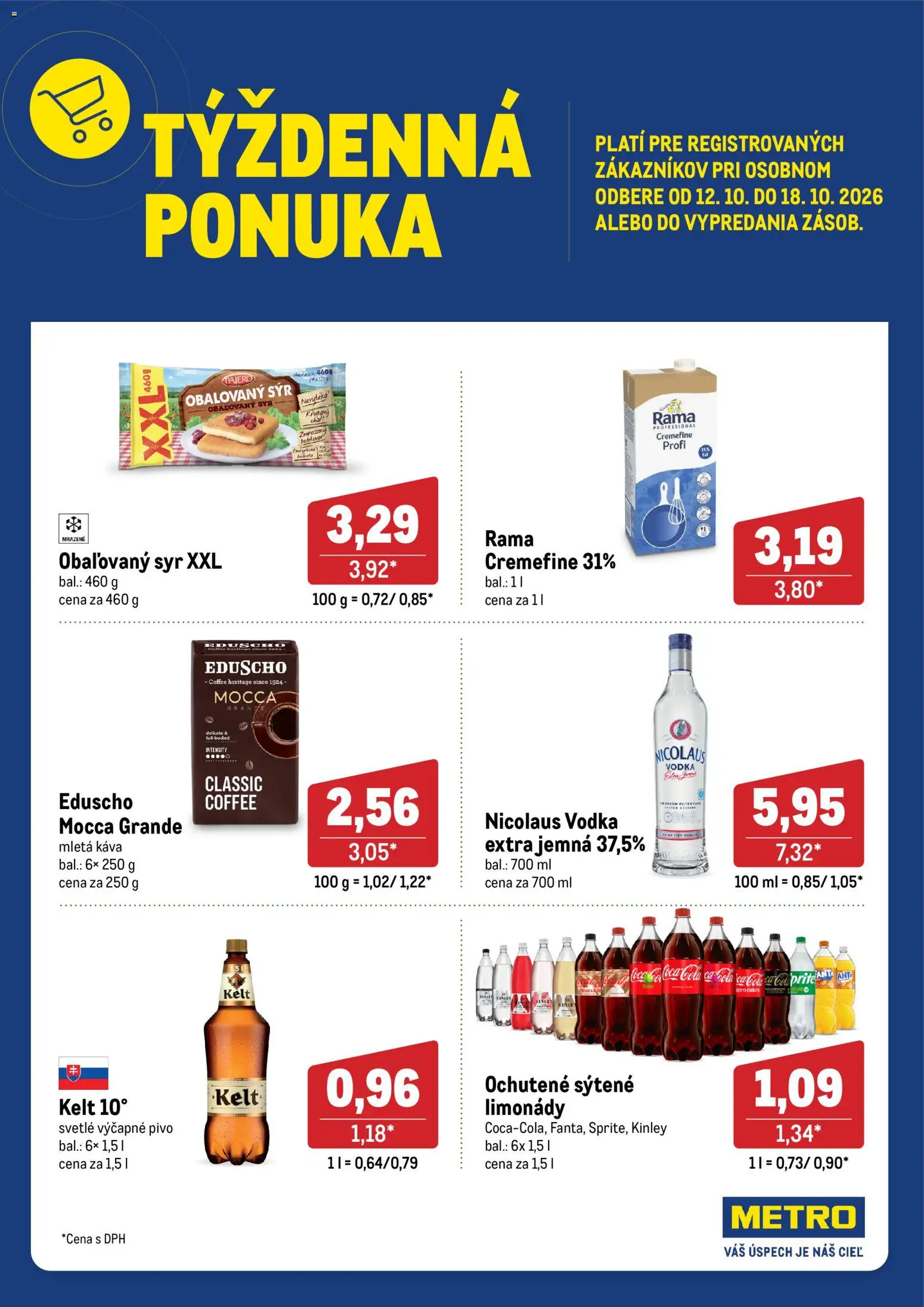Nové Metro akcie – leták je platný od 12.10.2026 | Strana: 1 | Produkty: Pivo, Obaľovaný syr, Cola, Nicolaus vodka