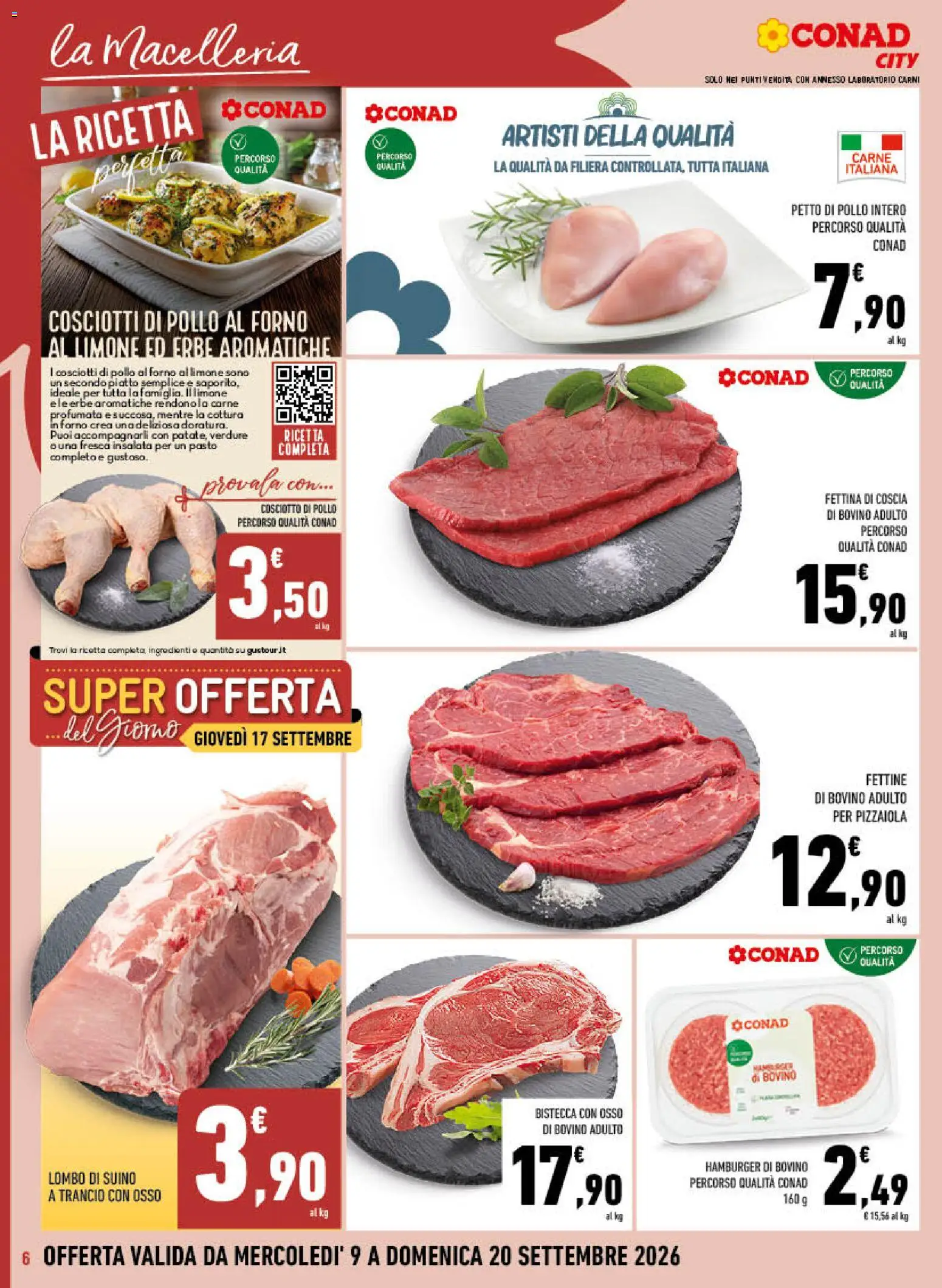 Volantino Conad del 09/09/2026 | Pagina: 6 | Prodotti: Pollo intero, Limone, Ingredienti, Hamburger