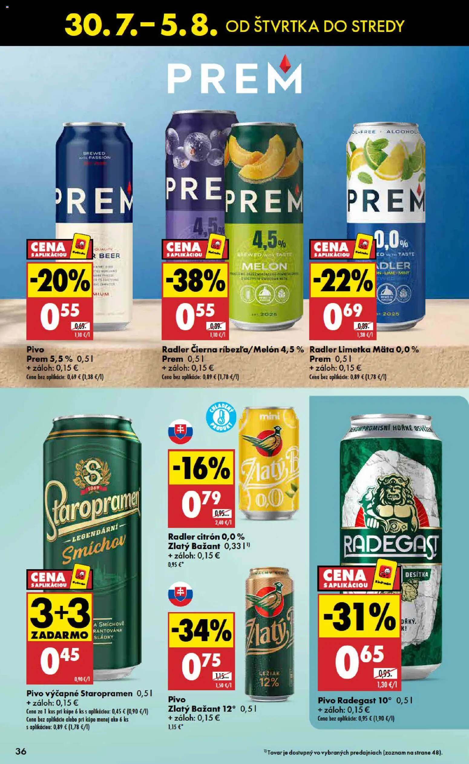 Nové Biedronka akcie – leták je platný od 30.07.2026 | Strana: 36 | Produkty: Radegast, Radler, Zlatý Bažant, Melón