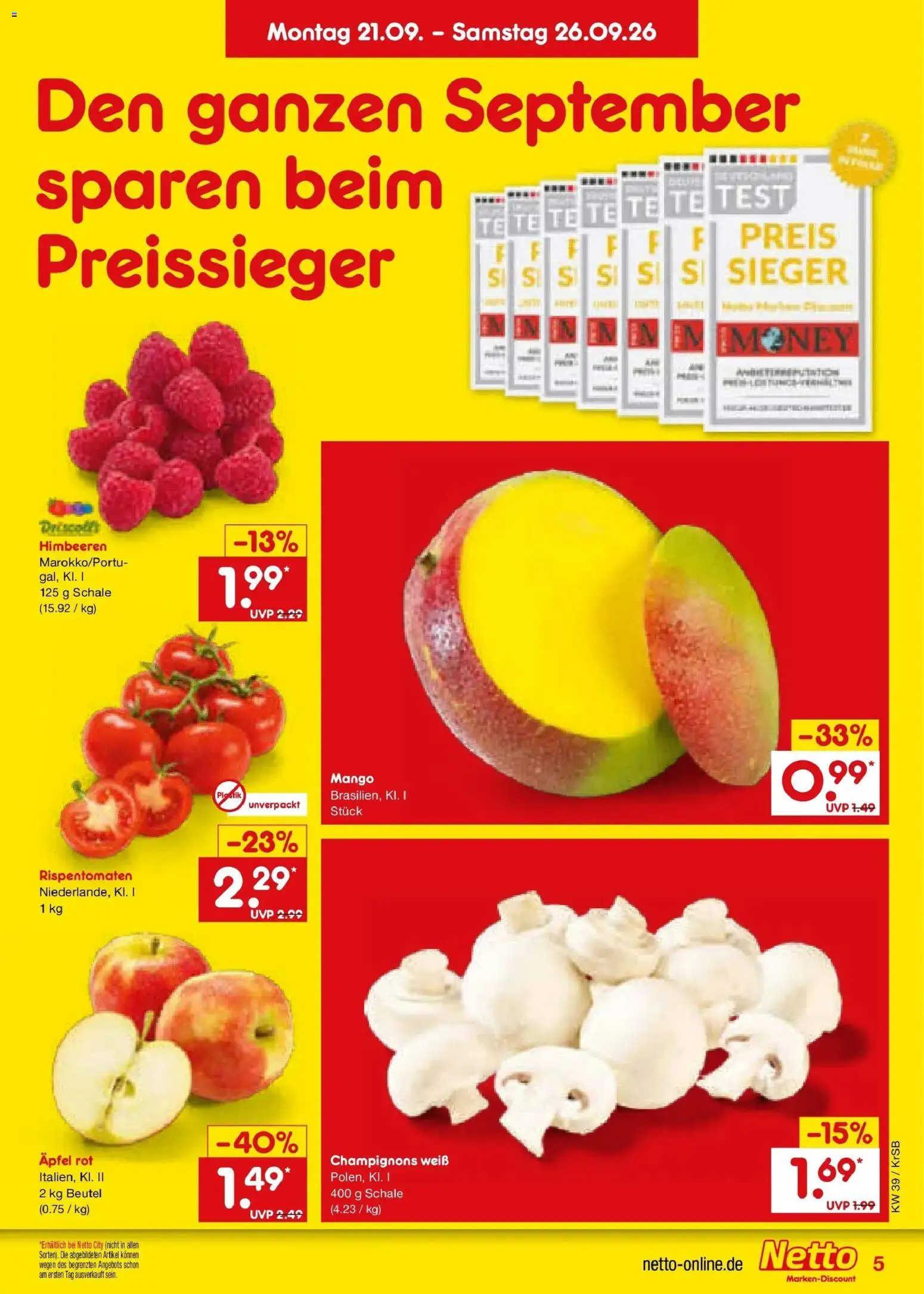 Netto Marken-Discount Prospekt Baesweiler – gültig ab 21.09.2026 | Seite: 5 | Produkte: Himbeeren, Äpfel, Champignons, Mango