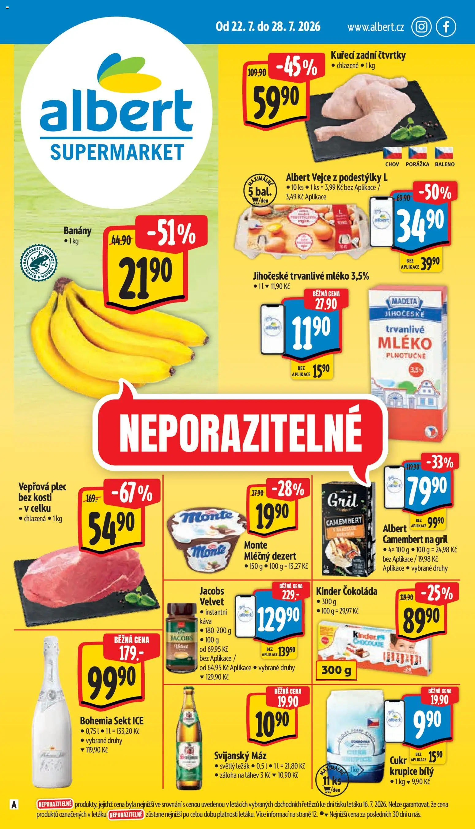 Albert leták - Supermarket od 22.07.2026 | Strana: 1 | Produkty: Banány, Kinder čokoláda, Bohemia Sekt Ice, Láhev