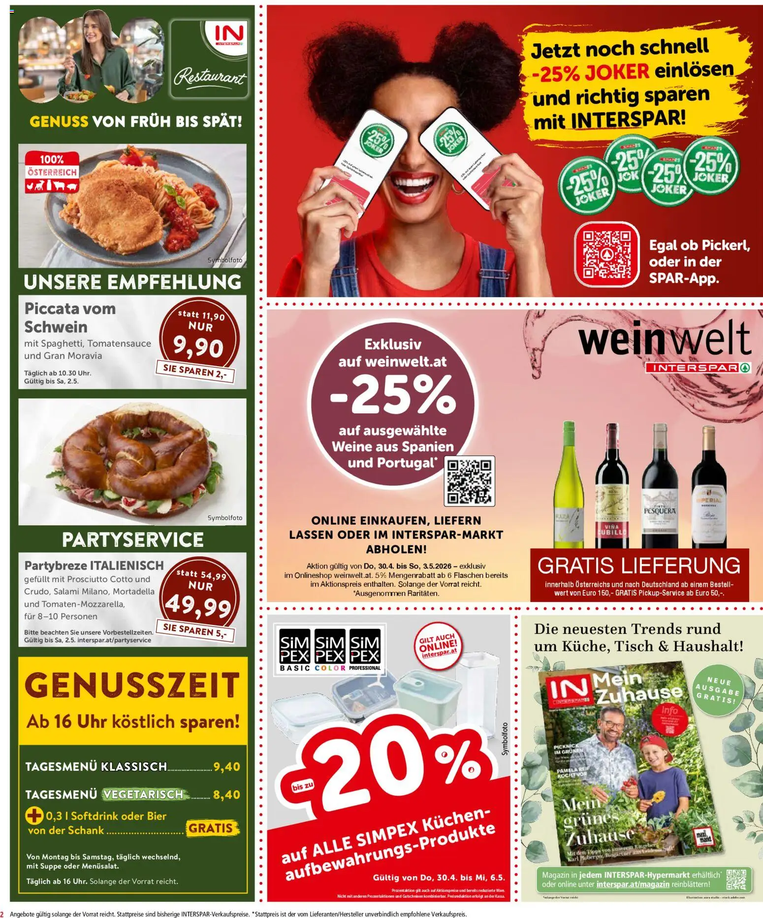 Interspar Flugblatt- Wien gültig ab 30.04.2026 | Seite: 2 | Produkte: Uhr, Tisch, Salami, Bier