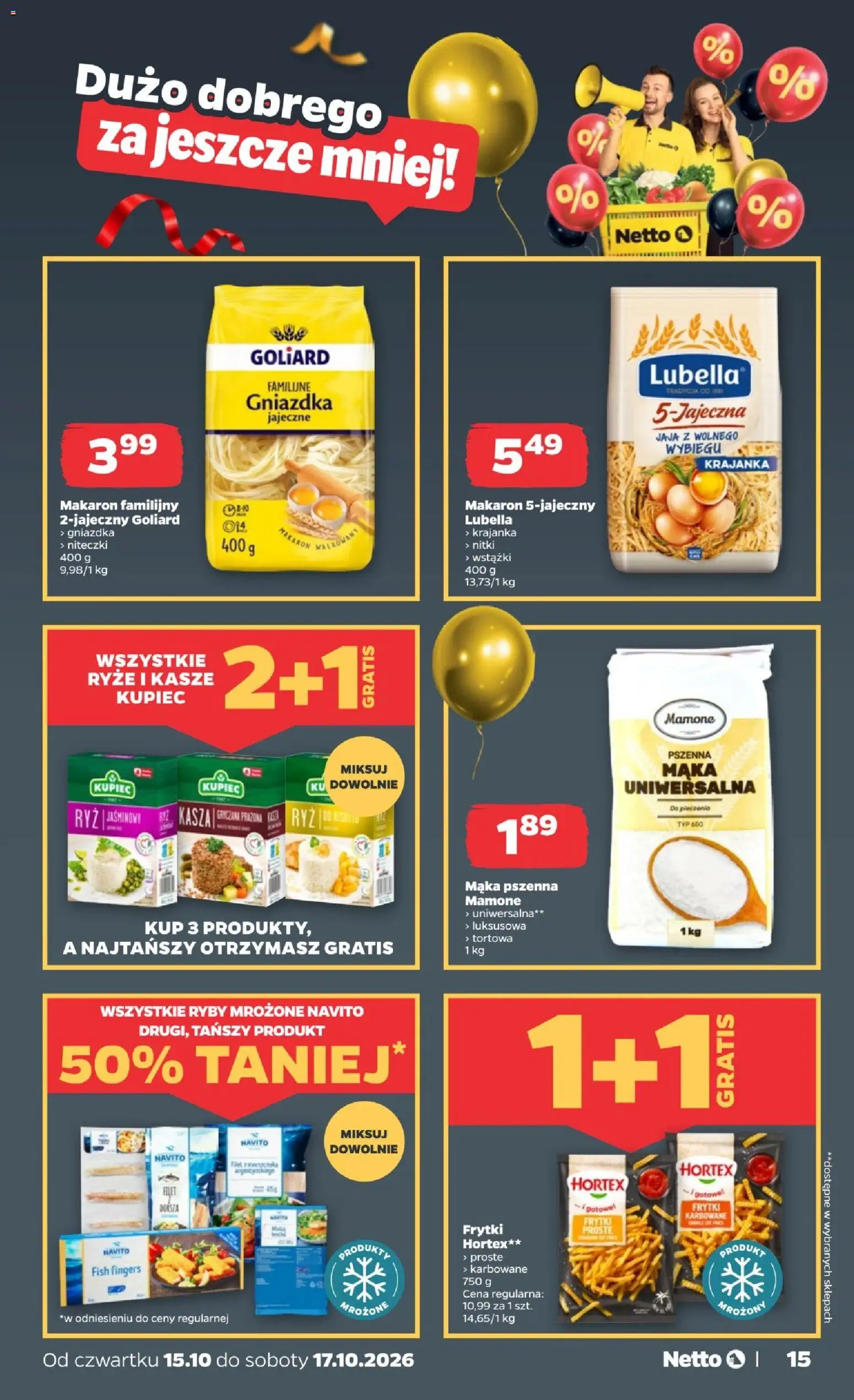 Netto gazetka od czwartku od 15.10.2026 | Strona: 15 | Produkty: Kasza, Dorsz, Pasta, Mąka