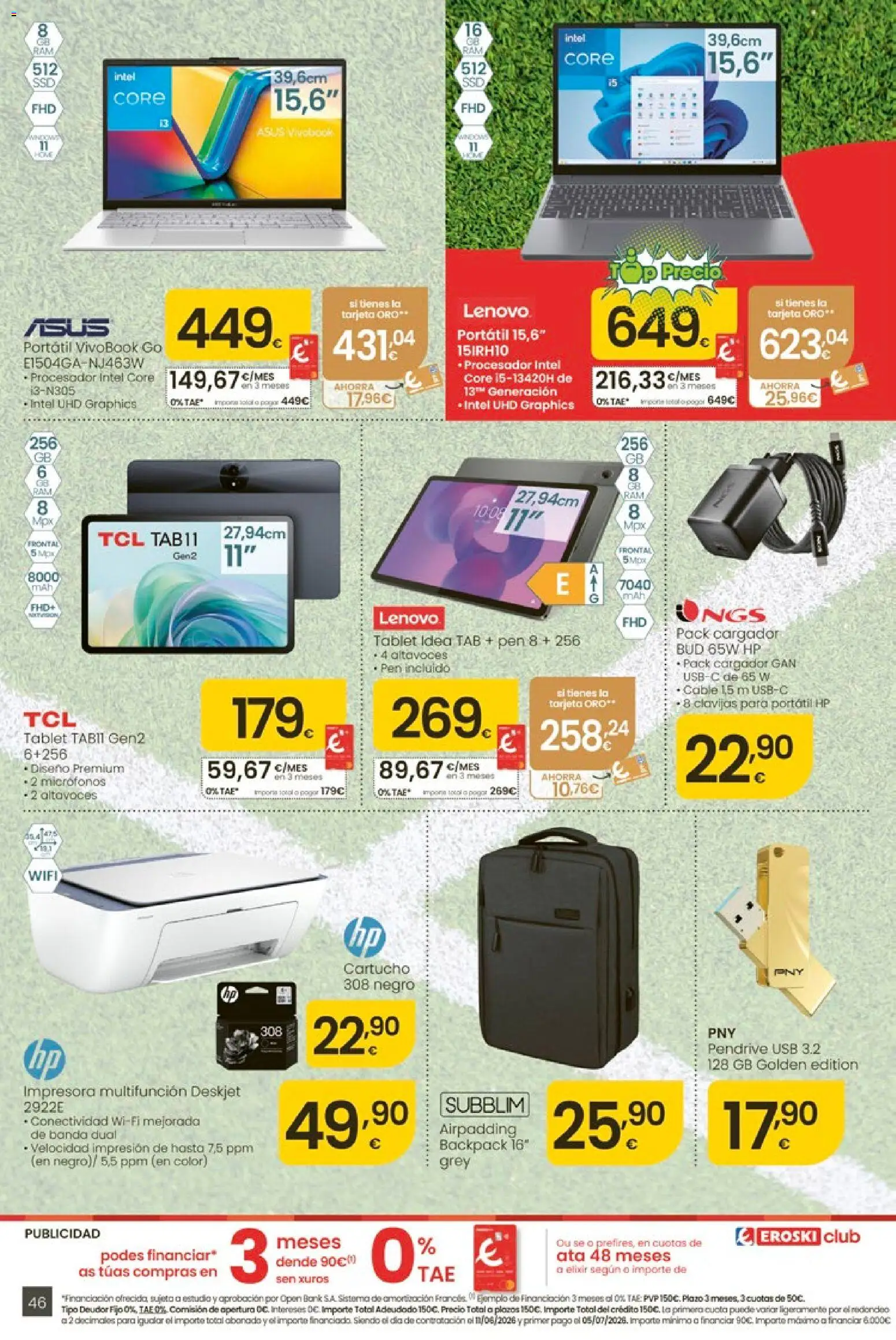 Eroski Ofertóns de verán │ válido desde el 11.06.2026 | Página: 46 | Productos: Portátil HP, Tablet, Impresora, USB