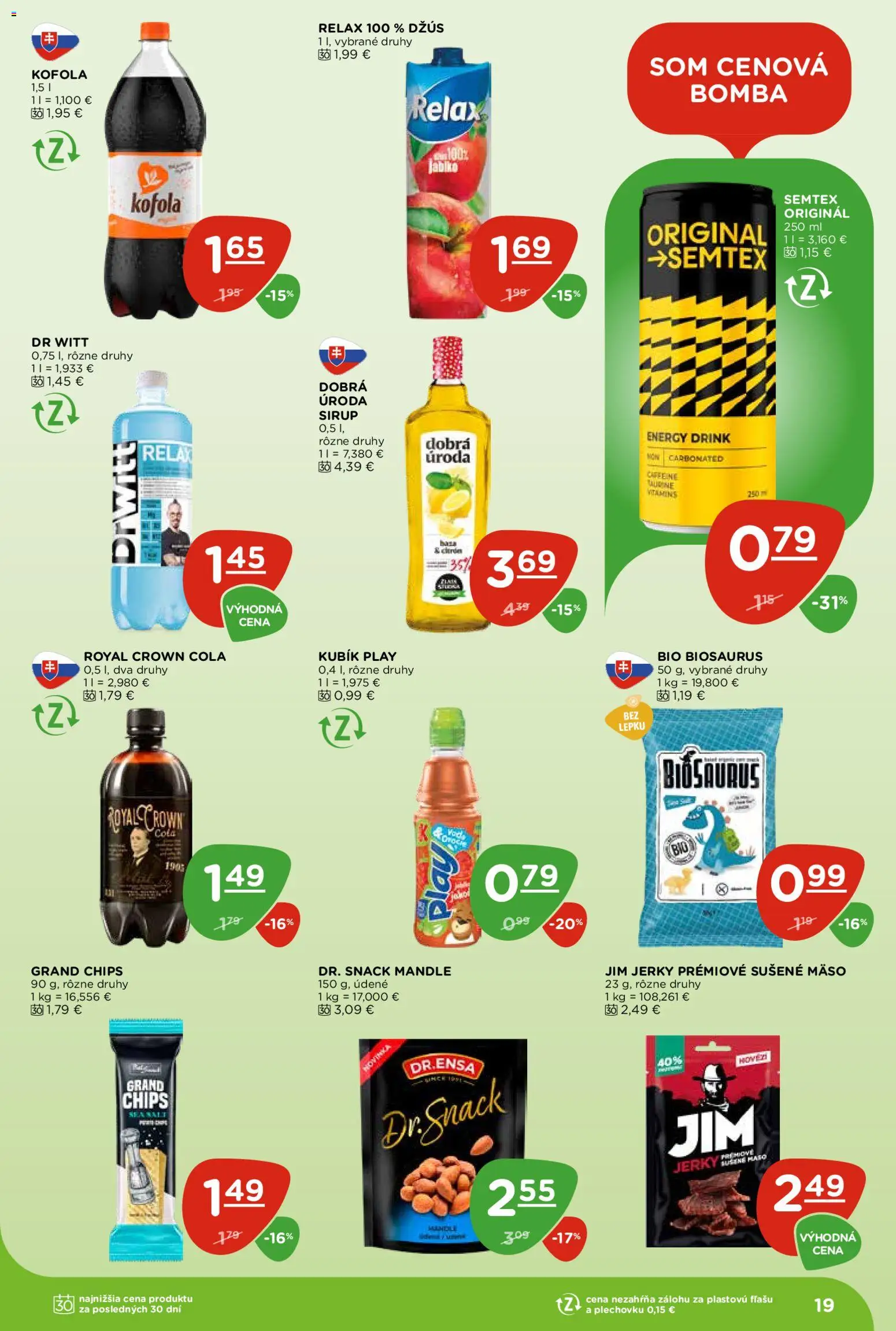 Nové Terno akcie – leták je platný od 04.06.2026 | Strana: 19 | Produkty: Džús, Kofola, Mäso, Mandle