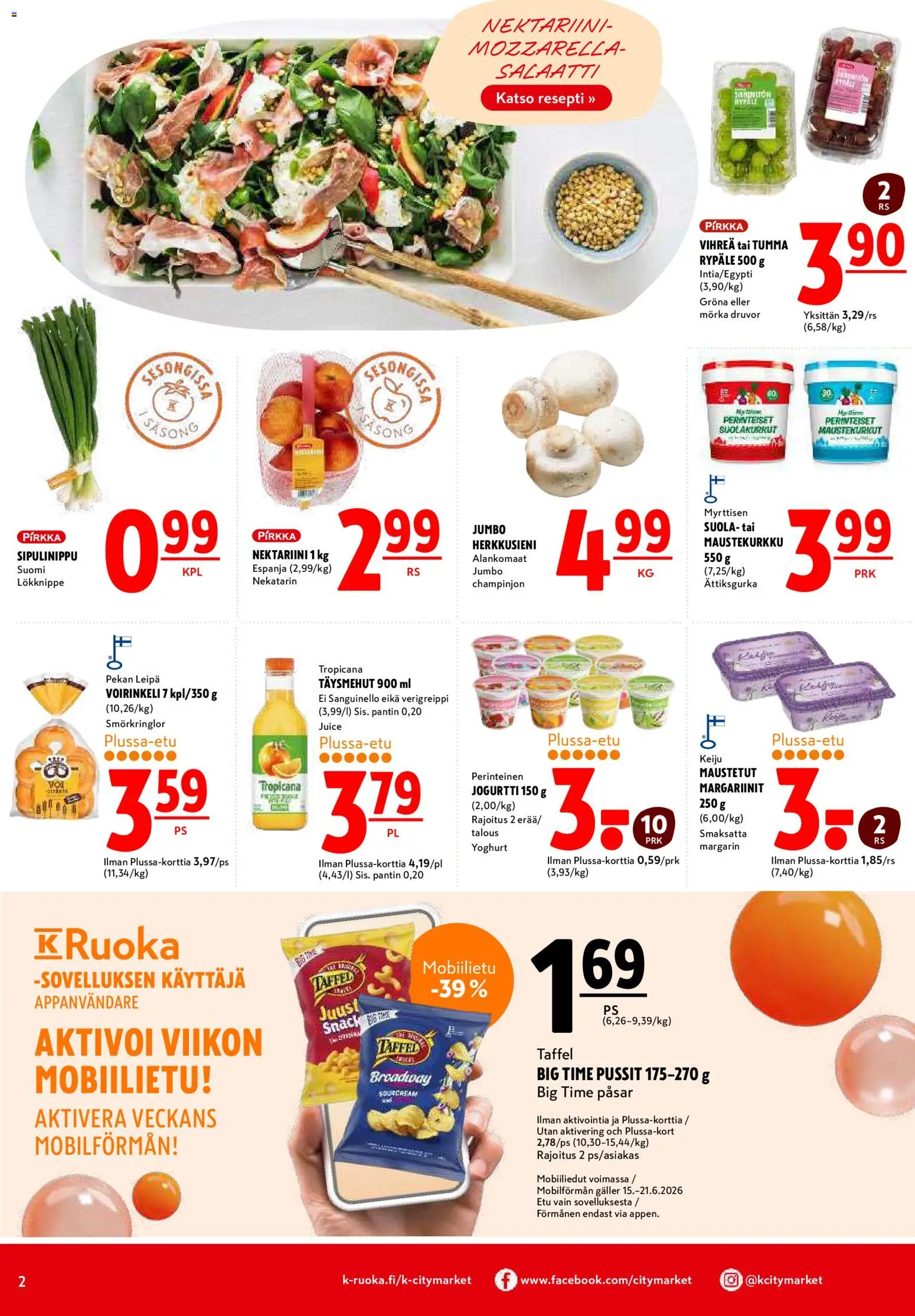 K-Citymarket tarjoukset – voimassa 15.06.2026 alkaen | Sivu: 2 | Tuotteet: Mozzarella, Nektariini, Jogurtti, Salaatti