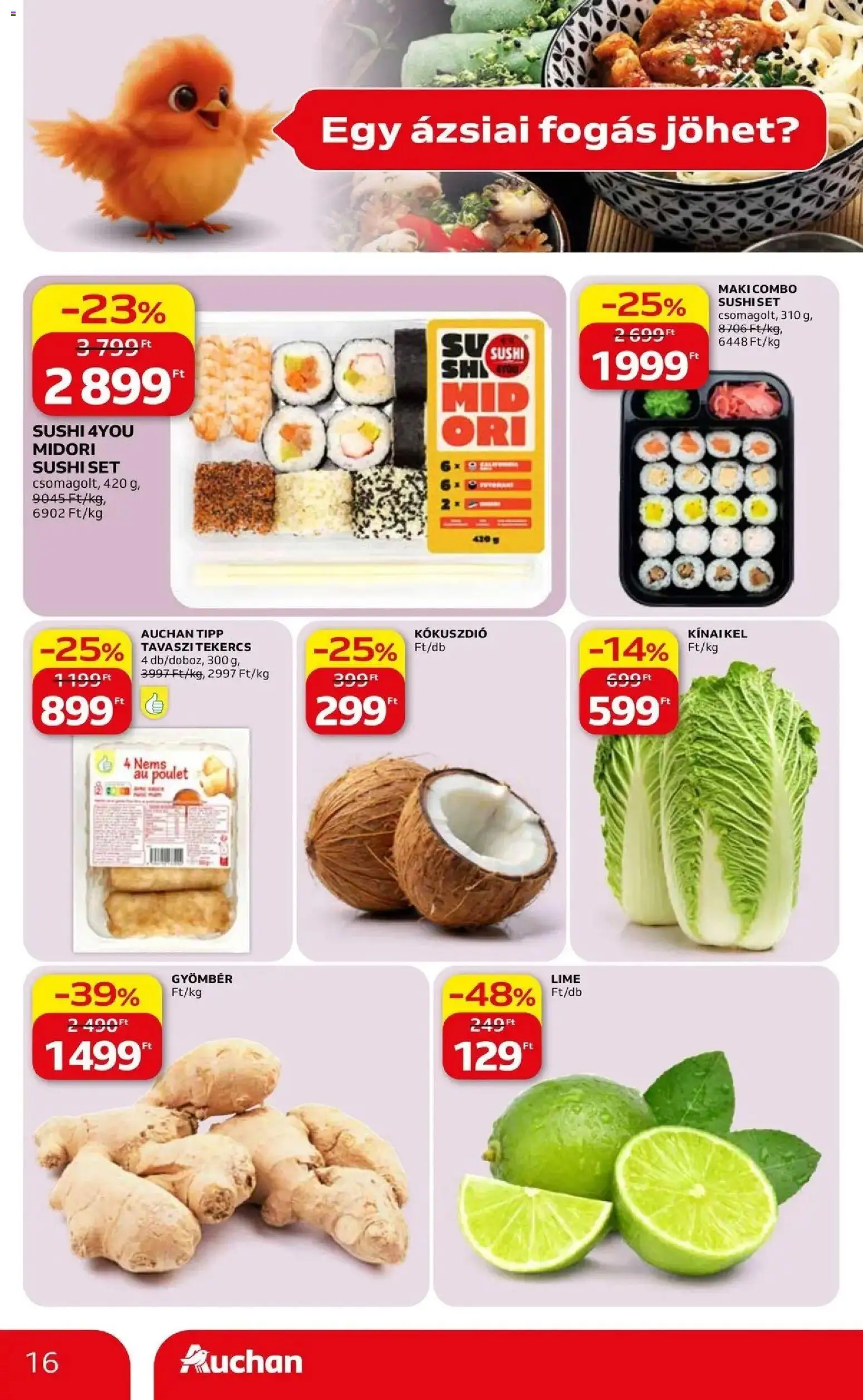 Auchan akciós ujság - amely érvényes a következő dátumtól: 07.05.2026 | Oldal: 16 | Termékek: Lime, Gyömbér, Sushi, Fogas