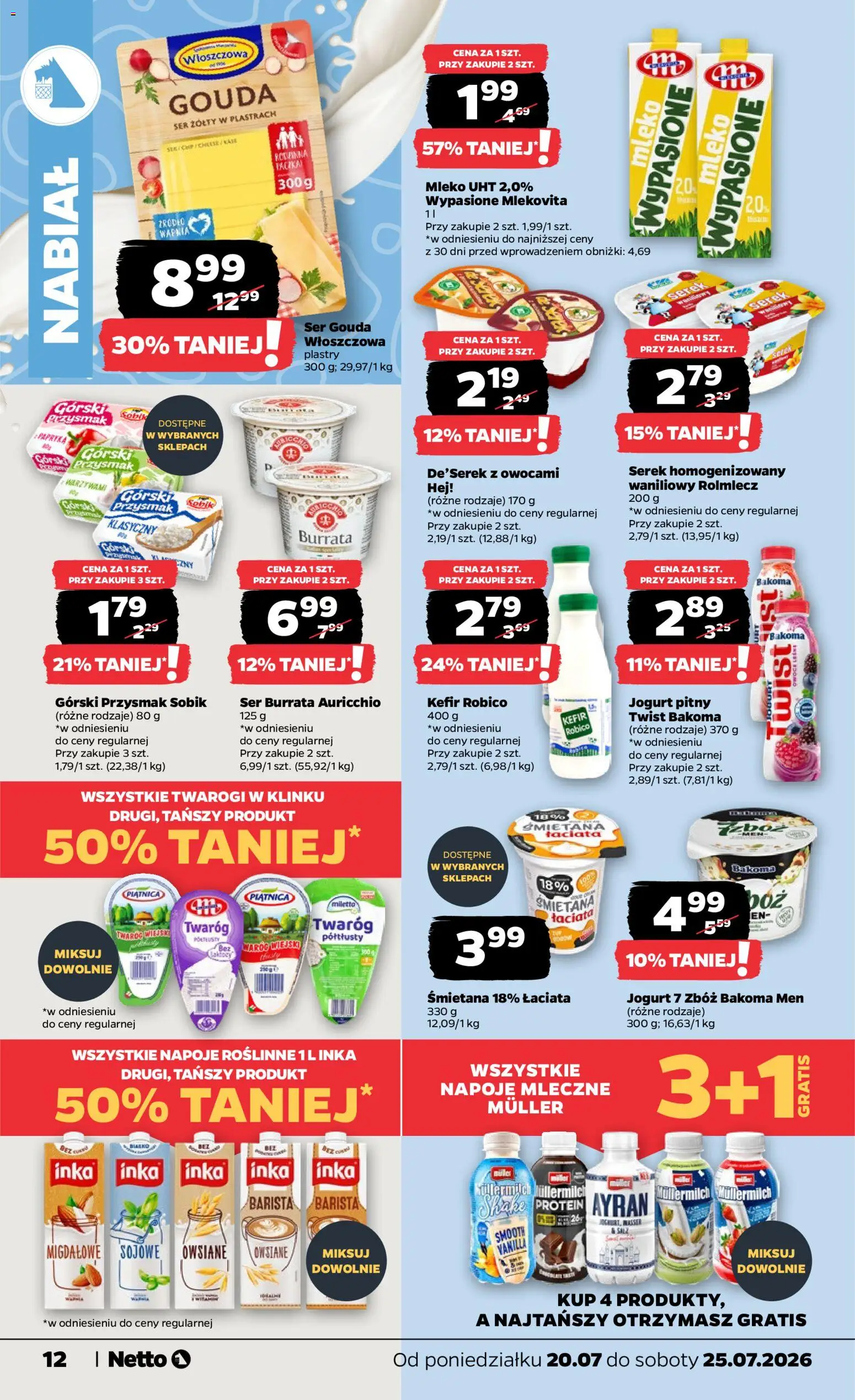 Netto gazetka od poniedziałku od 20.07.2026 | Strona: 12 | Produkty: Serek homogenizowany, Piątnica, Mleko UHT, Twaróg