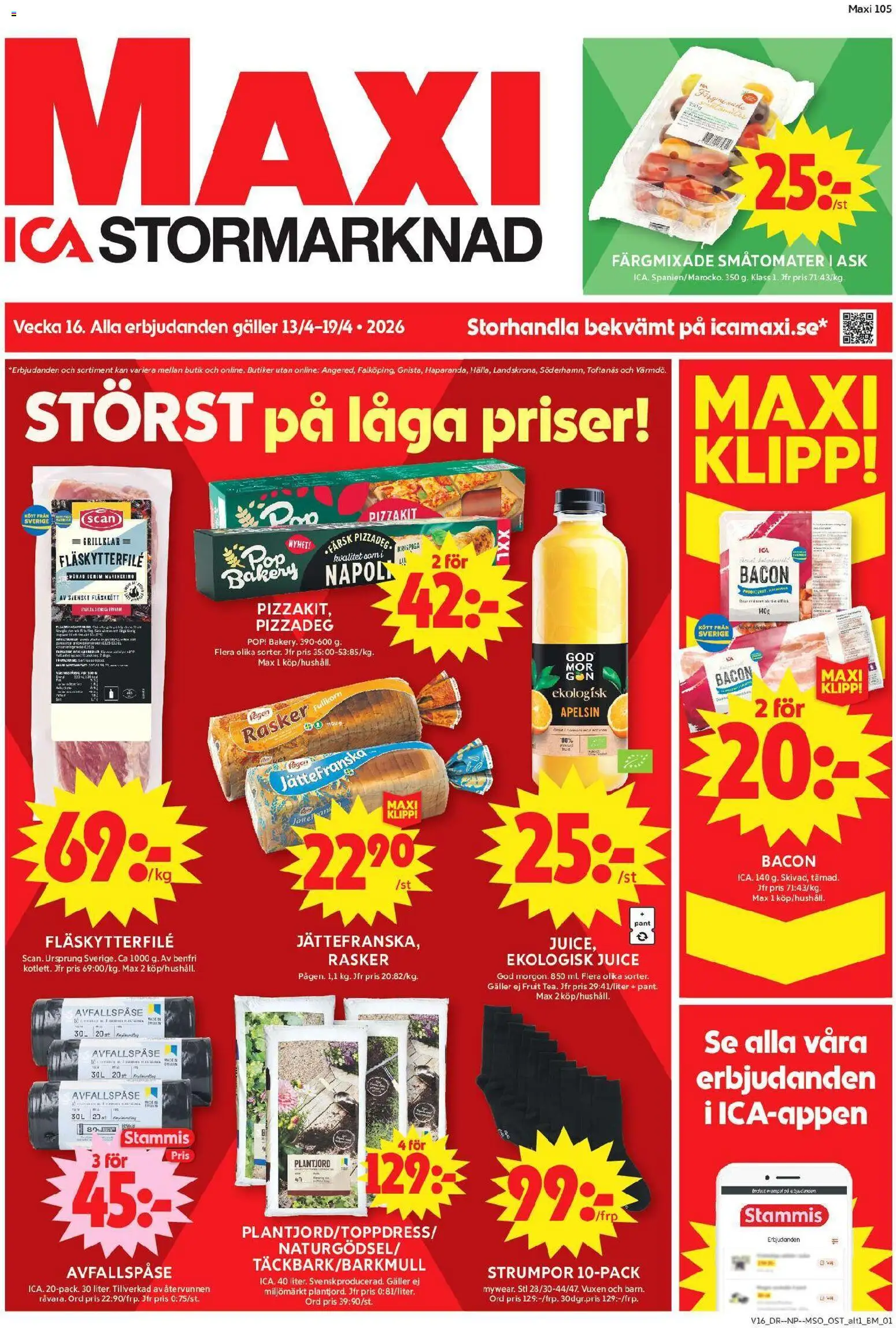 ICA Maxi reklamblad aktuell från 13.04.2026 | Sida: 1 | Produkter: Galler, Fläskytterfilé, Strumpor, Pizzakit