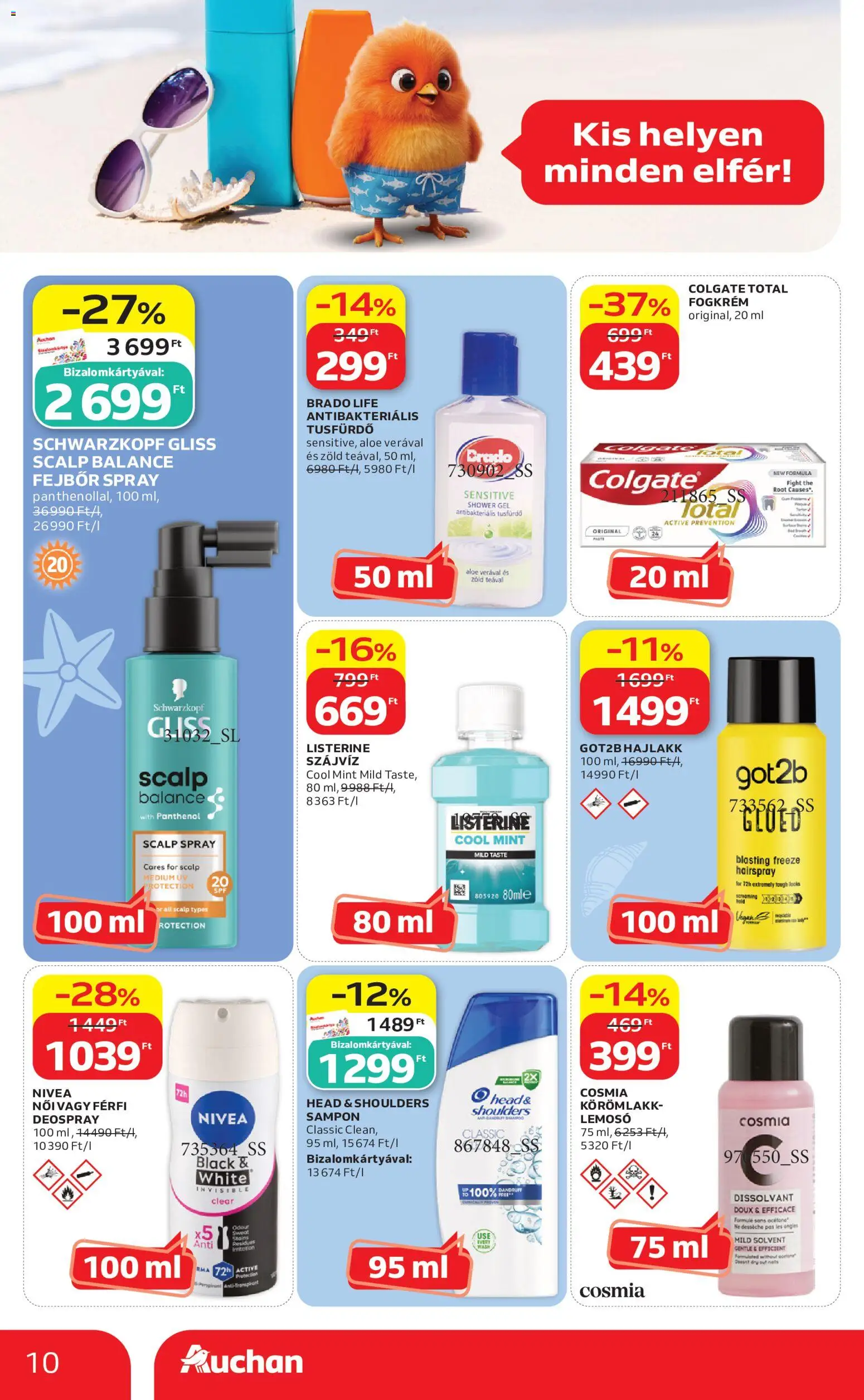 Auchan akciós ujság - amely érvényes a következő dátumtól: 14.05.2026 | Oldal: 10 | Termékek: Körömlakk, Tusfürdő, Fogkrém, Szájvíz