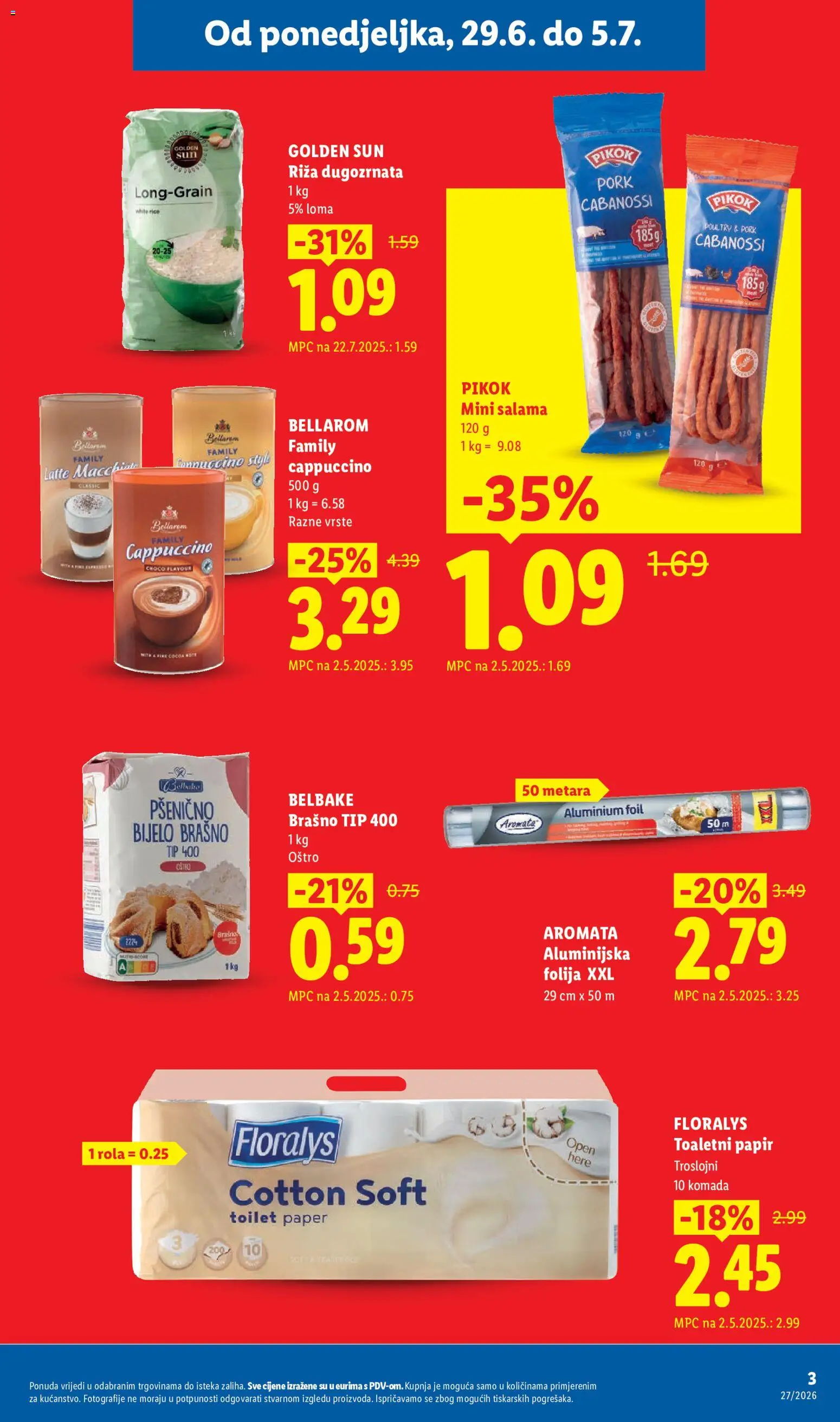 Lidl katalog | vrijedi od 29.06.2026 | Stranica: 3 | Proizvodi: Salama, Riža, Brašno, Cappuccino