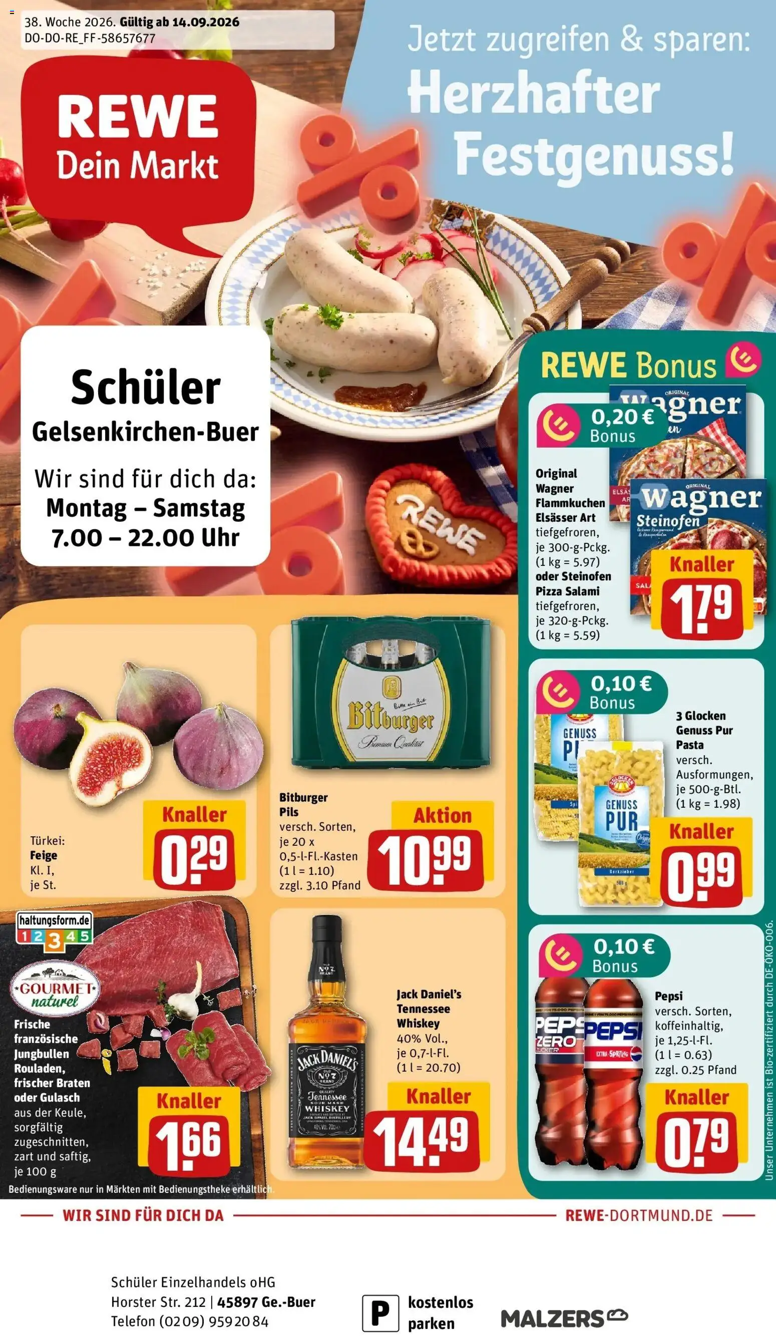 REWE Prospekt ab 14.09.2026 zum Blättern » Angebote | Seite: 1 | Produkte: Jack Daniel's, Pepsi, Pasta, Uhr