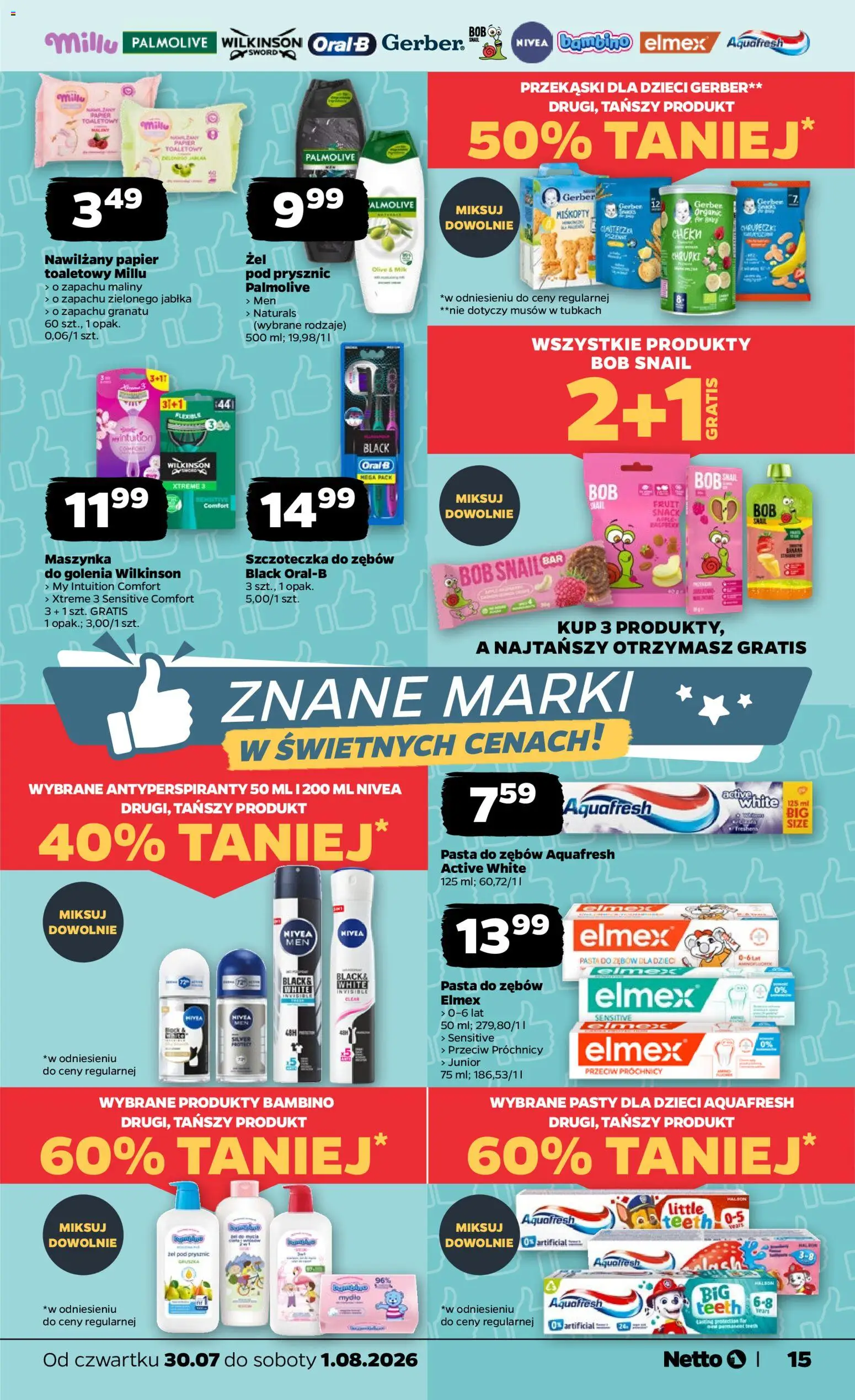 Netto gazetka od czwartku od 30.07.2026 | Strona: 15 | Produkty: Papier toaletowy, Maszynka do golenia, Mydło, Szczoteczka do zębów