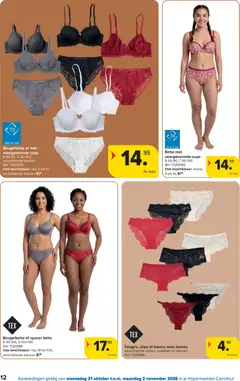 Tanga's, slips of boxers voor dames, Tanga's, slips of boxers voor dames verschillende maten, modellen en kleuren - Voorbeeld van een folder van Carrefour, geldig van 21/10/2026 | Pagina: 12 | Producten: Boxers