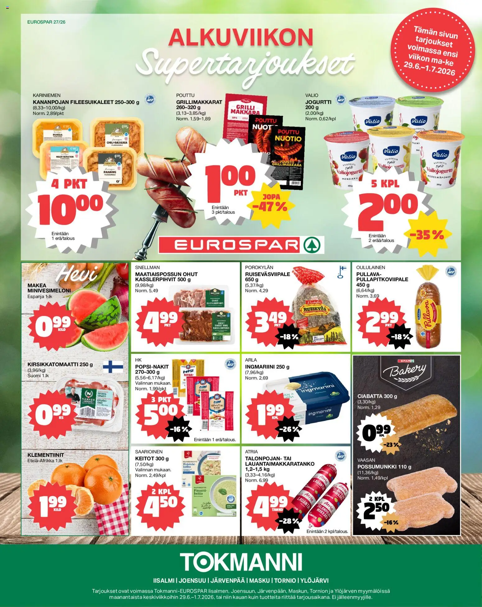 Tokmanni - EUROSPAR – voimassa 29/06/2026 alkaen | Sivu: 1 | Tuotteet: Grilli, Keitto, Kirsikkatomaatti, Klementiinit