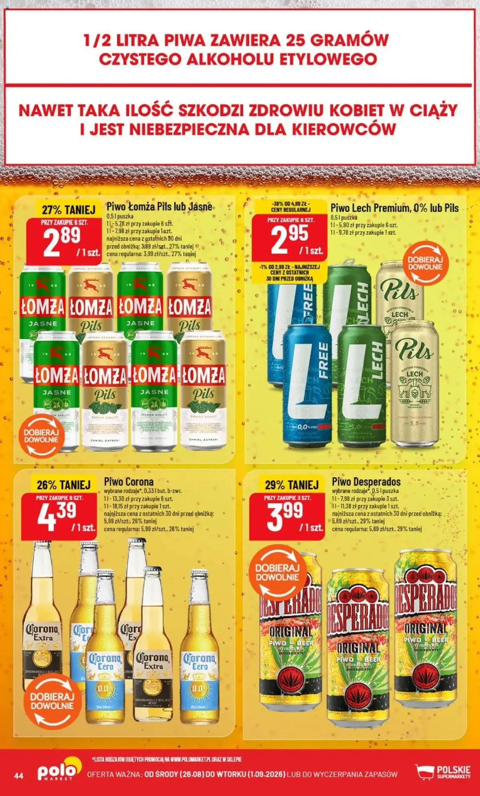Nowa POLOmarket gazetka od jutra 26.08.2026 | Strona: 44 | Produkty: Lech, Piwo Corona, Piwo Desperados, Desperados