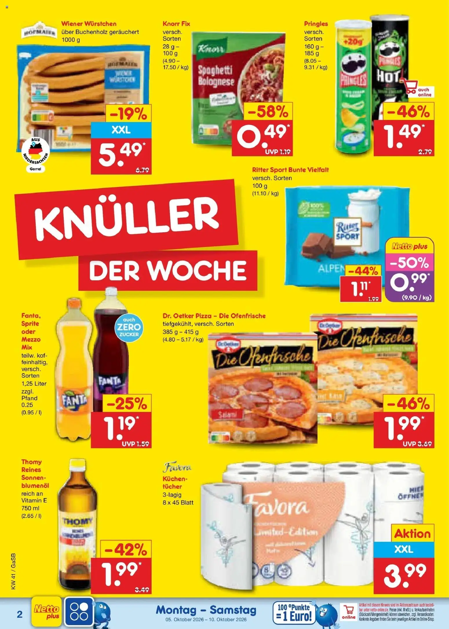 Netto Marken-Discount Prospekt Oldenburg (ab 05.10.2026) » Angebote | Seite: 2 | Produkte: Knorr fix, Wiener wurstchen, Knorr, Pizza