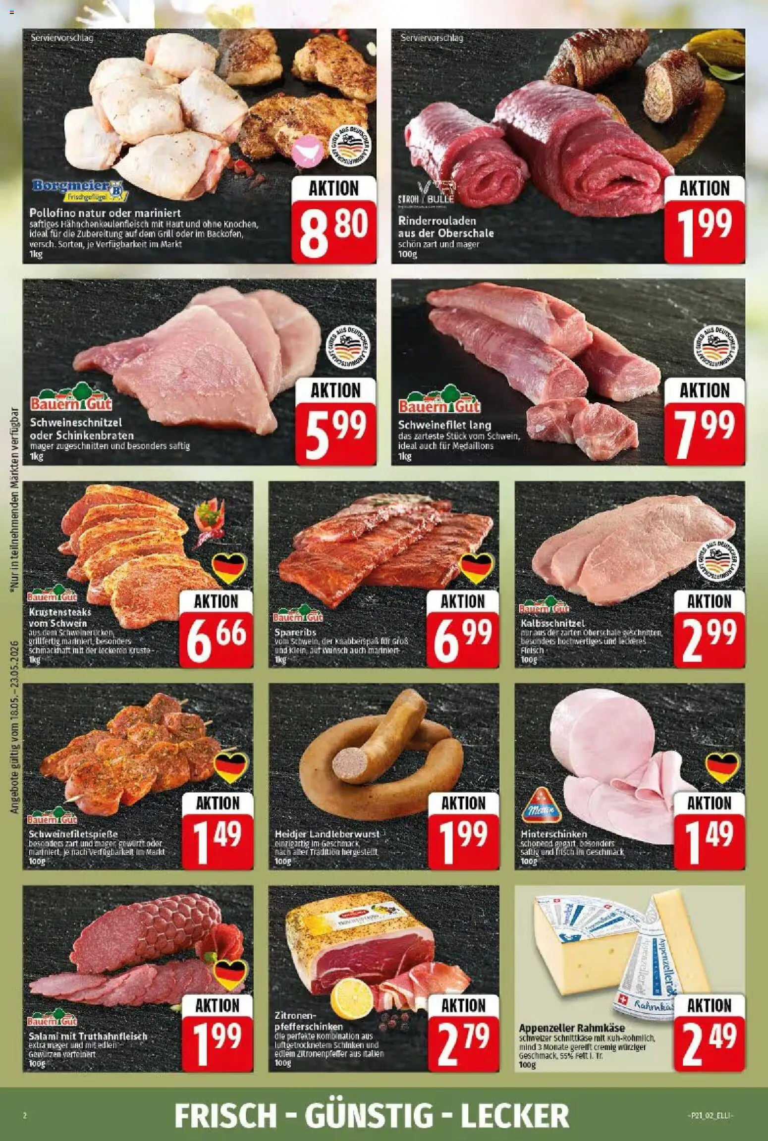 Elli Markt Prospekt Gütersloh – gültig ab 18.05.2026 | Seite: 2 | Produkte: Rinderrouladen, Schweinefilet, Schinken, Fleisch