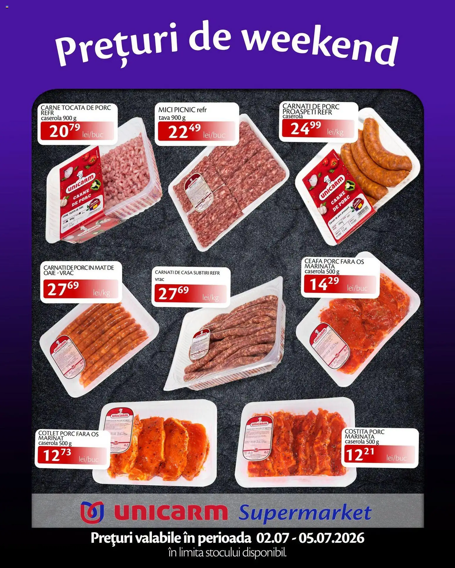 Noul catalog Unicarm – valabil de la 02.07.2026 | Pagină: 2 | Produse: Cotlet porc, Mici, Carne tocată, Cârnați