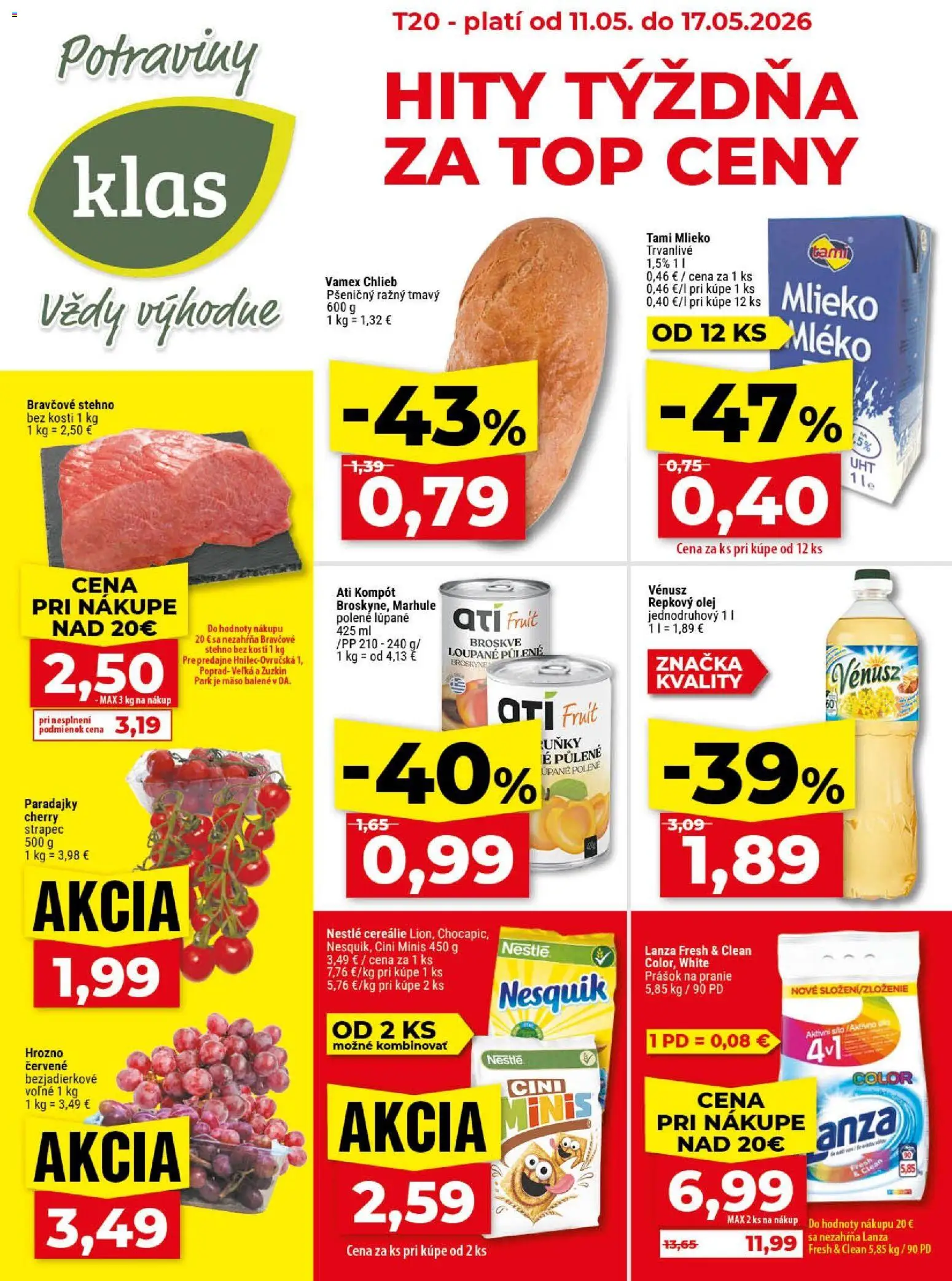 Nové Klas akcie – leták je platný od 11.05.2026 | Strana: 1 | Produkty: Mlieko, Chlieb, Paradajky, Broskyne