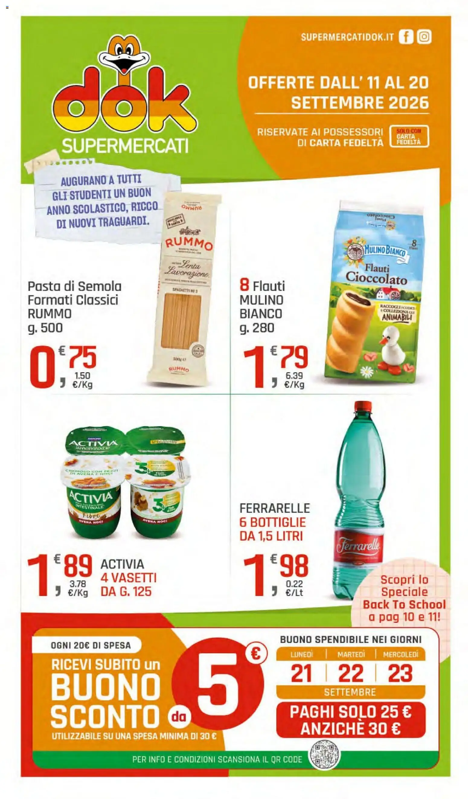 Volantino DOK del 11/09/2026 | Pagina: 1 | Prodotti: Cioccolato, Noci, Ferrarelle, Spaghetti