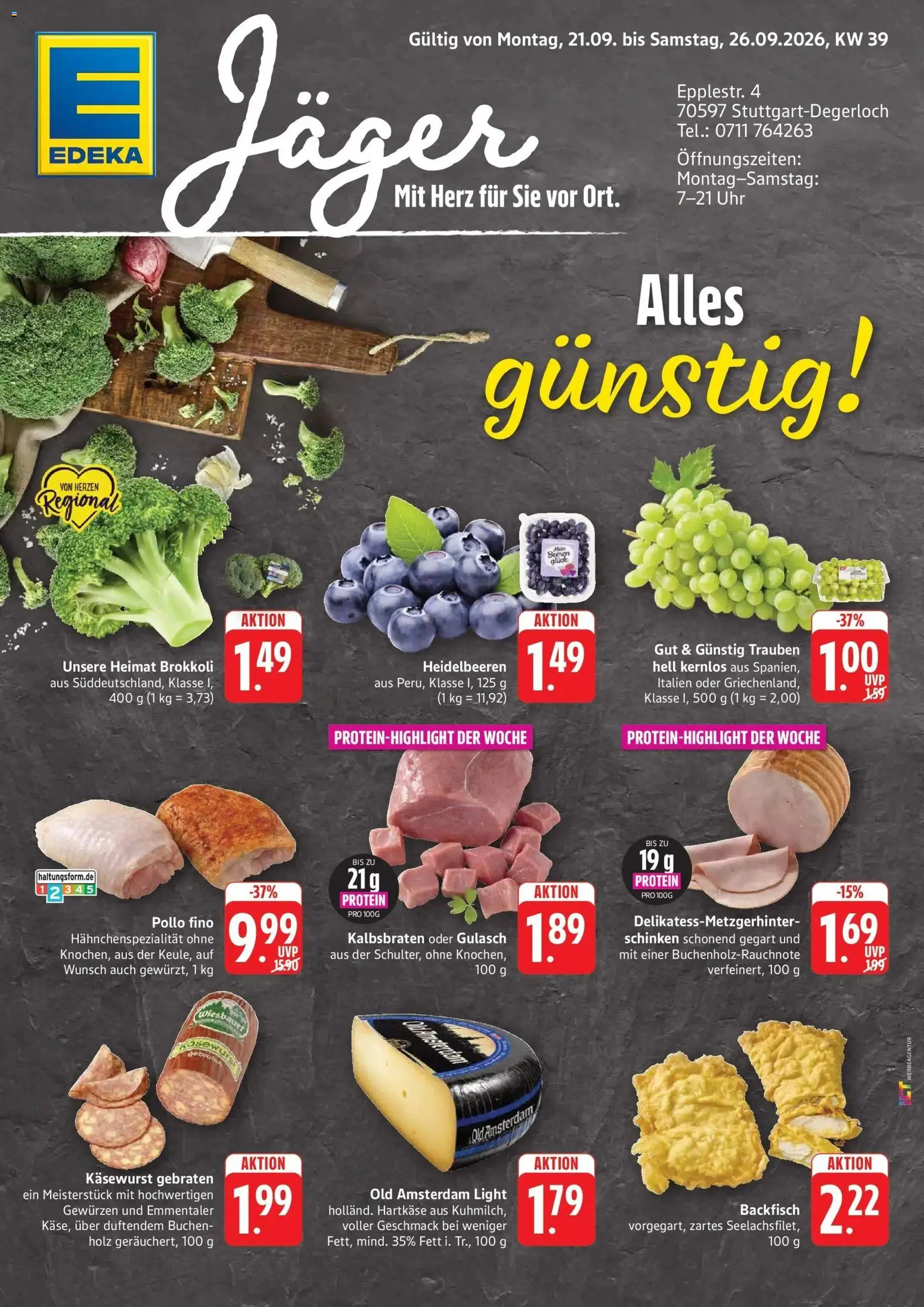 Edeka Prospekt Stuttgart-Degerloch (ab 21.09.2026) » Angebote Online | Seite: 1 | Produkte: Heidelbeeren, Brokkoli, Gulasch, Uhr