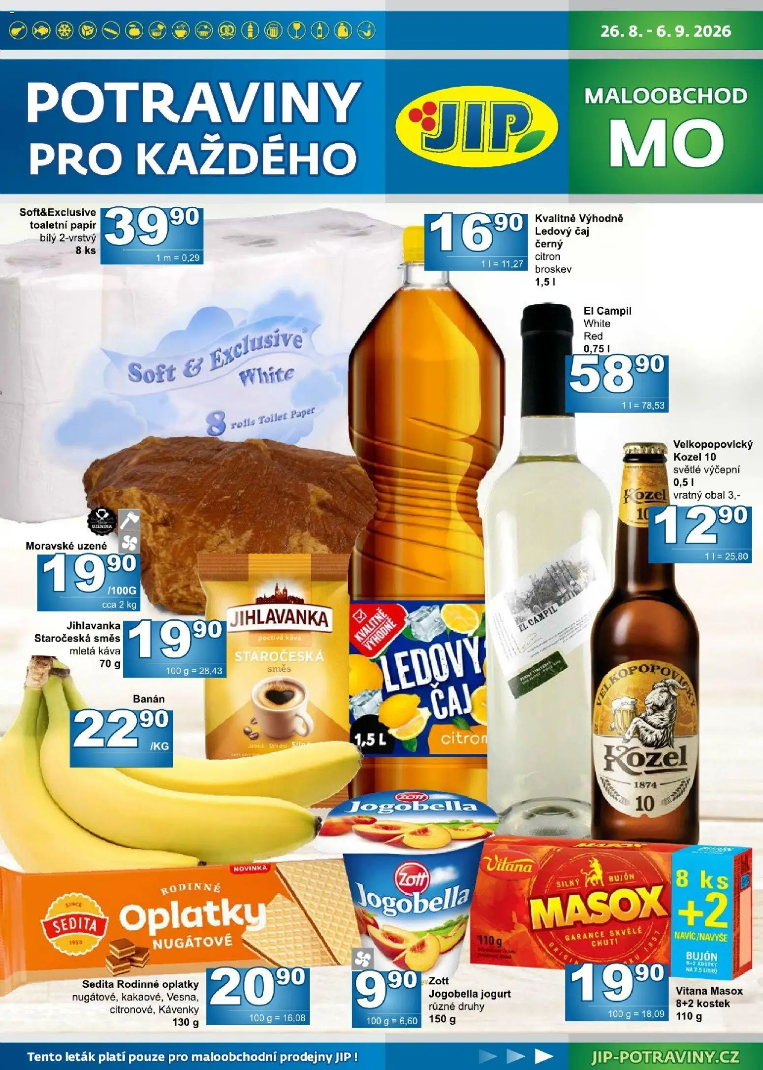 Jip leták od 26.08.2026 | Strana: 1 | Produkty: Jogobella, Ledový čaj, Mletá káva, Oplatky