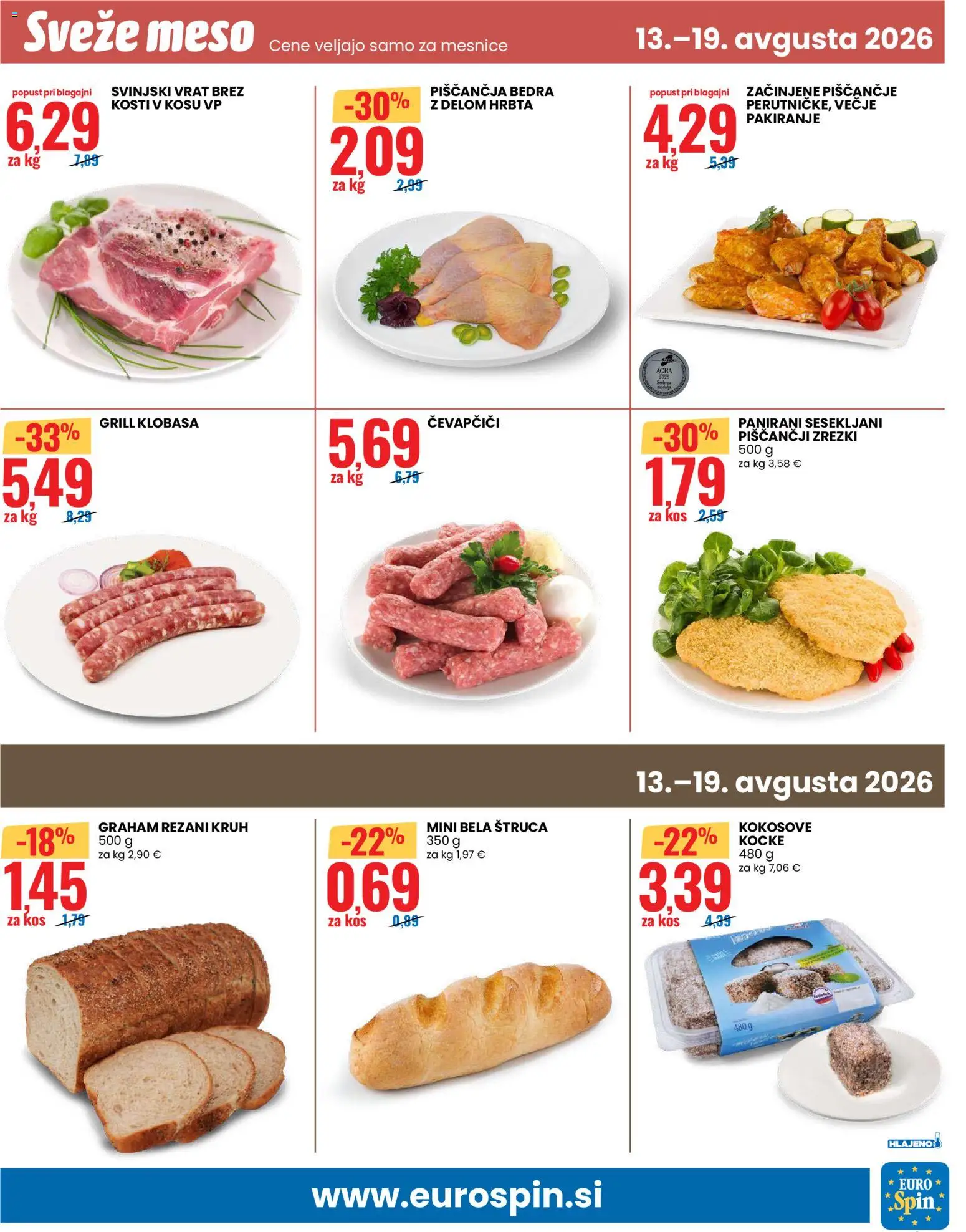 Novi Eurospin katalog ponudbe – veljaven od 13.08.2026 | Stran: 13 | Izdelki: Piščančja bedra, Kos, Kruh, Grill