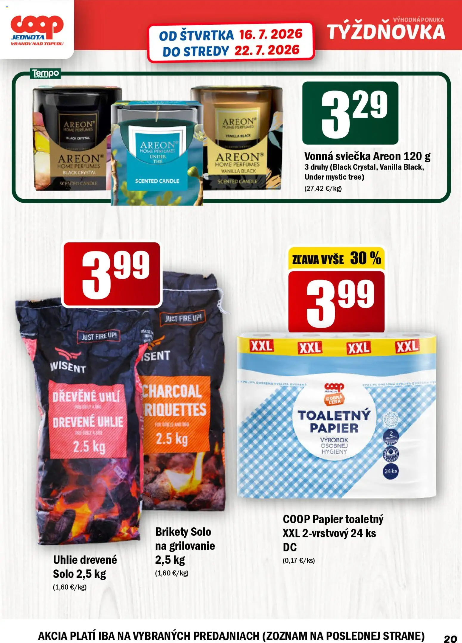 Nové COOP Jednota akcie – leták je platný od 16.07.2026 | Strana: 20 | Produkty: Drevené uhlie, Brikety