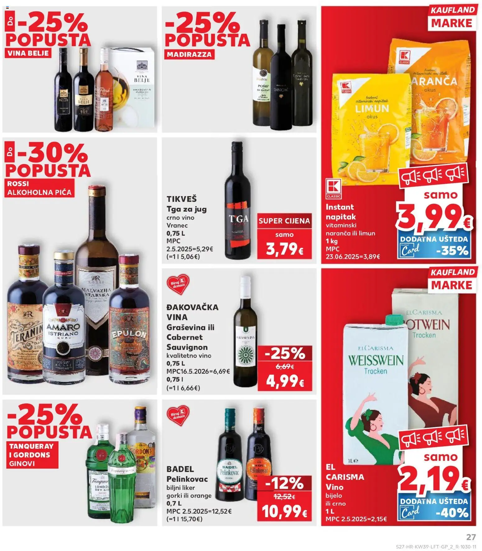 Kaufland katalog | vrijedi od 23.09.2026 | Stranica: 27 | Proizvodi: Alkoholna pića, Pica, Gin, Cabernet sauvignon
