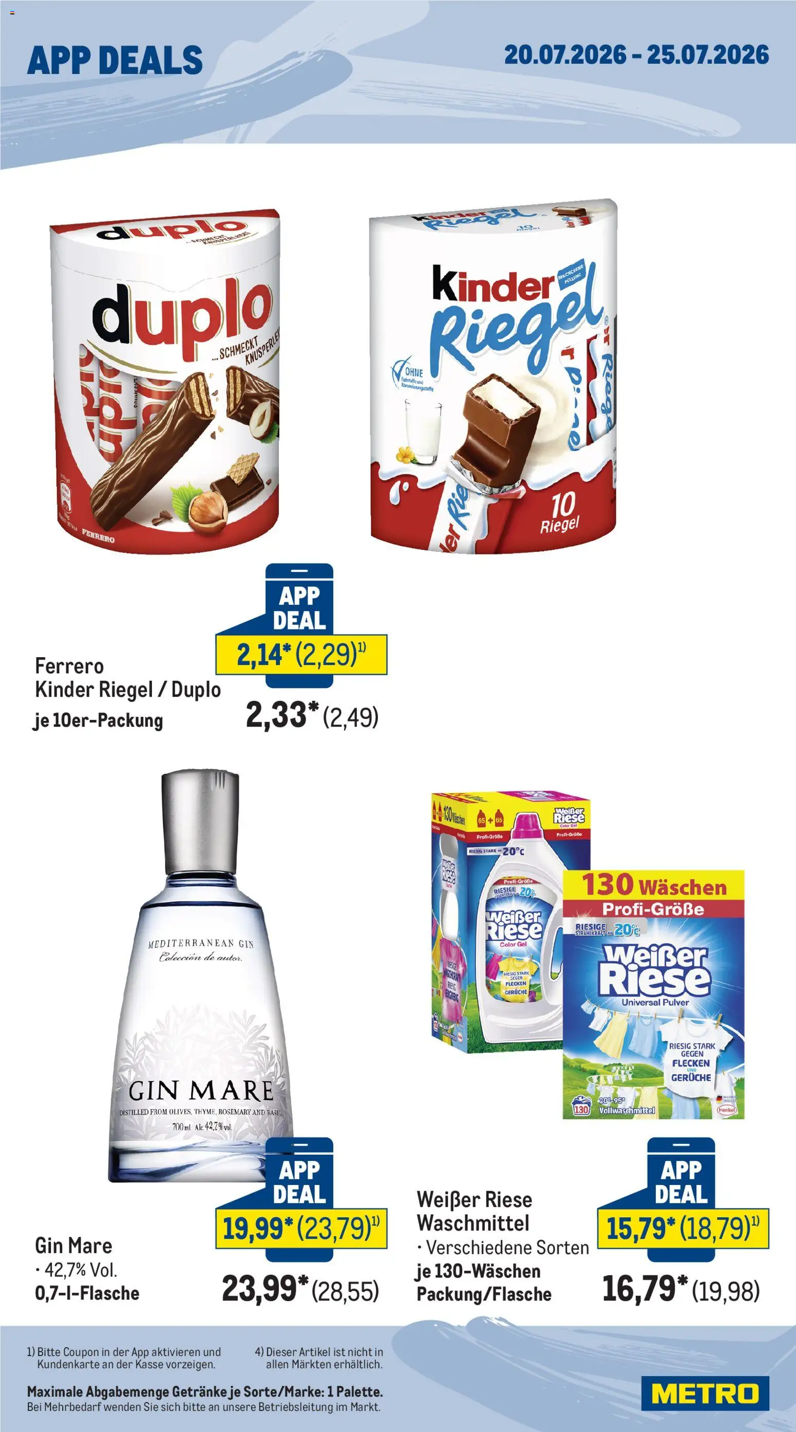 Metro App Deals – gültig ab 20.07.2026 | Seite: 2 | Produkte: Kinder riegel, Waschmittel, Gin