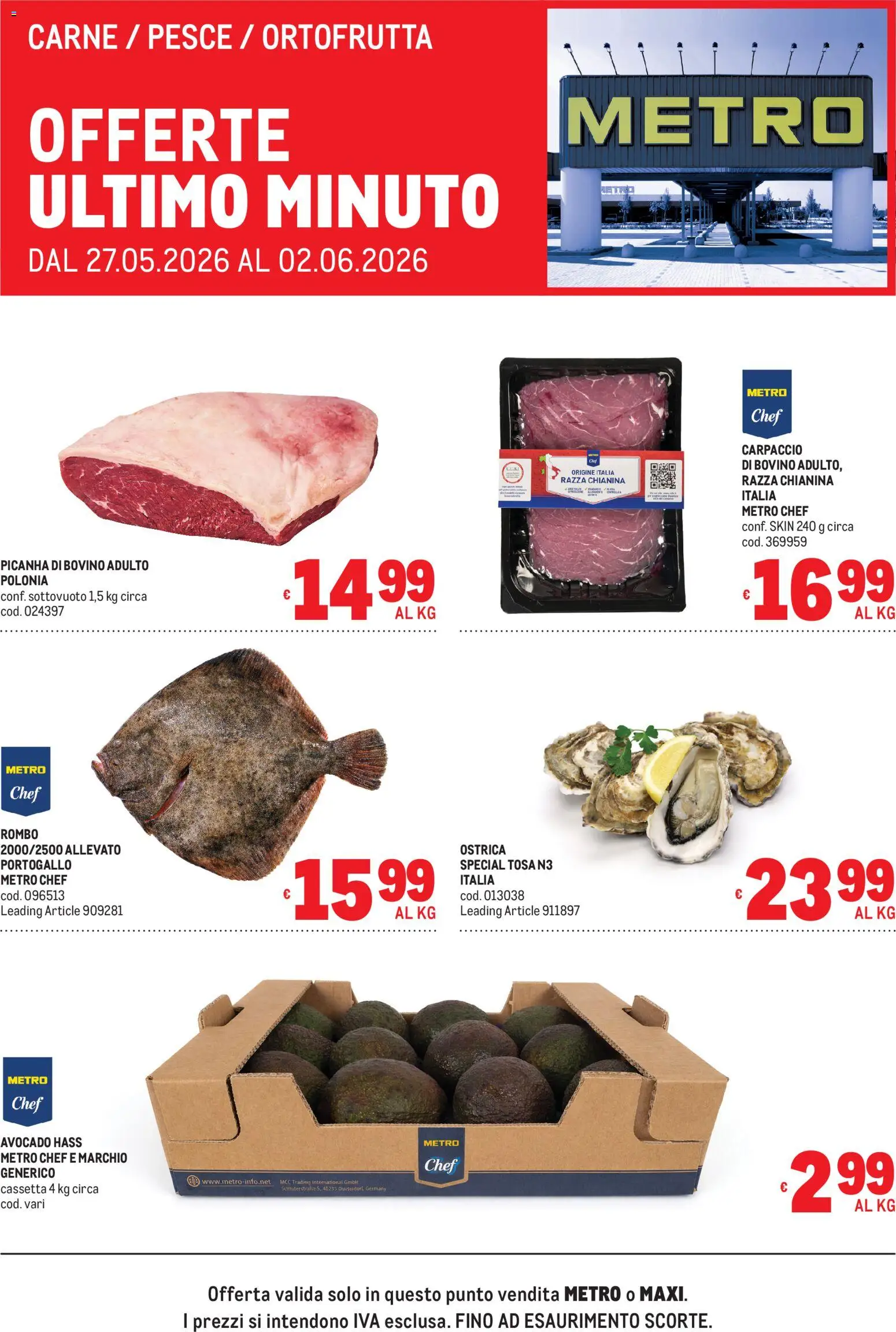 Volantino Metro del 27.05.2026 | Pagina: 1 | Prodotti: Bovino, Pesce, Avocado