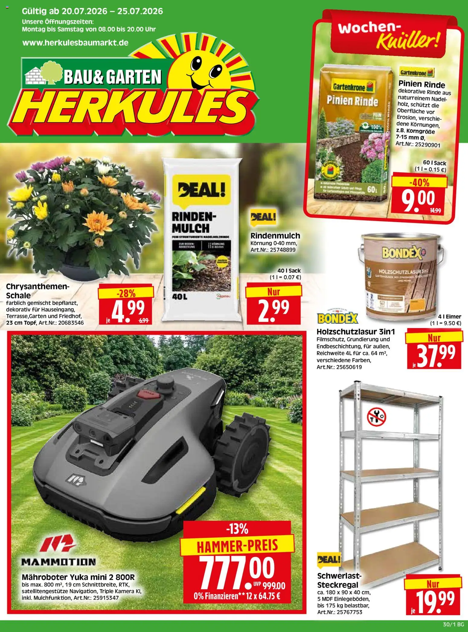 HERKULES Bau & Garten – gültig ab 20.07.2026 | Seite: 1 | Produkte: Kamera, Rindenmulch, Uhr