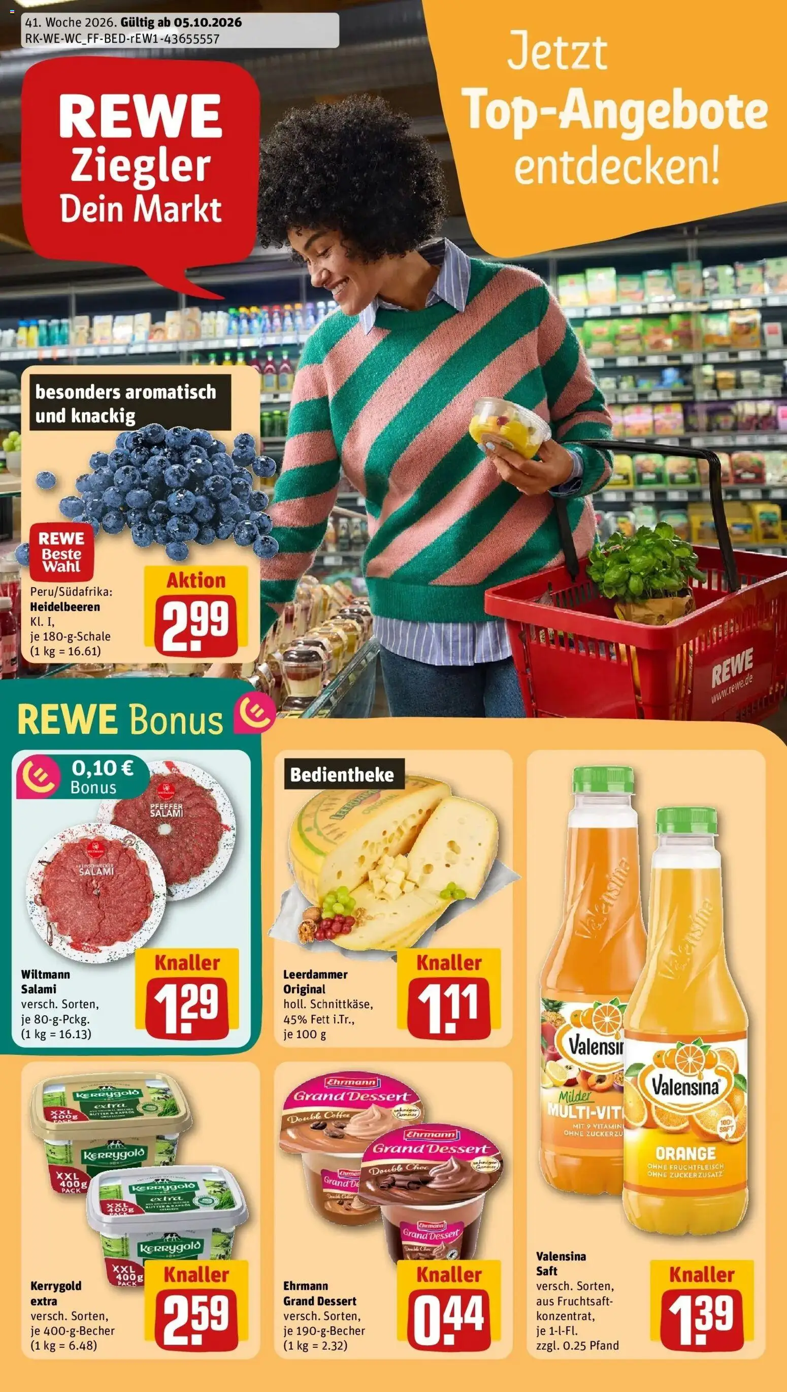 REWE Prospekt ab 05.10.2026 zum Blättern » Angebote | Seite: 1 | Produkte: Ehrmann grand dessert, Leerdammer, Salami, Saft