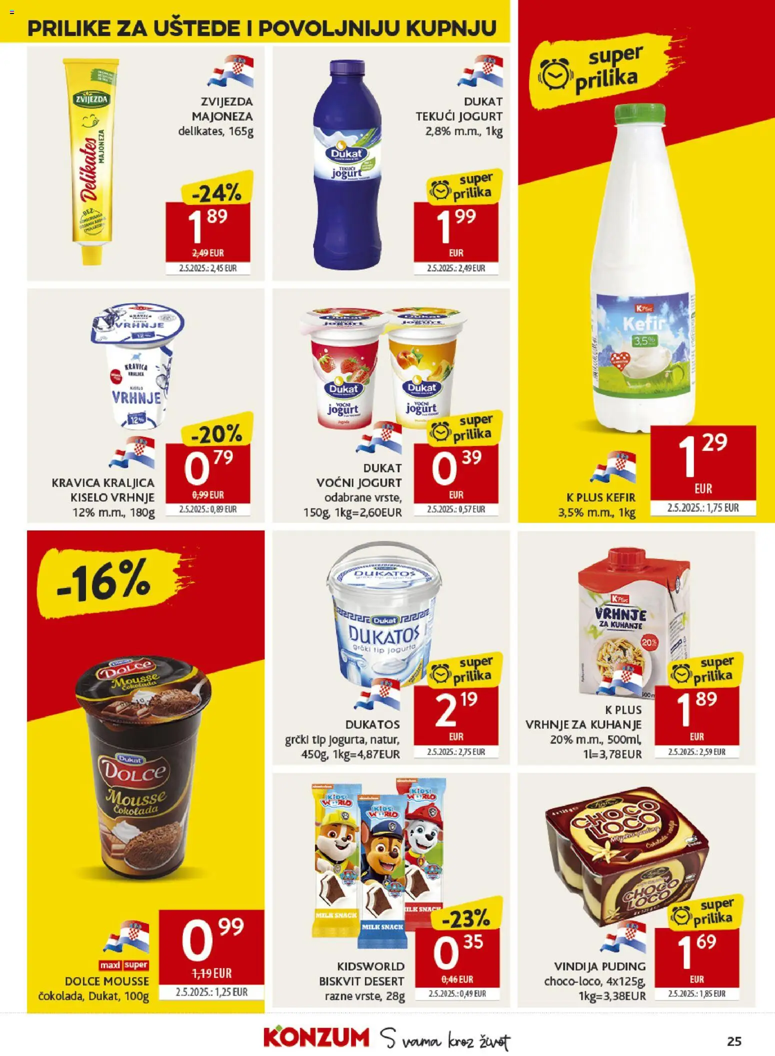 Konzum katalog | vrijedi od 15.04.2026 | Stranica: 25 | Proizvodi: Vindija, Vrhnje za kuhanje, Majoneza, Kefir