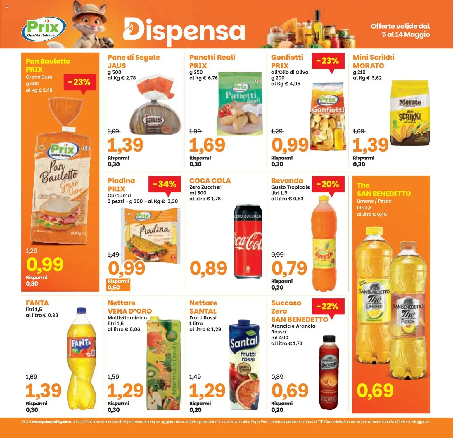 Volantino Prix del 05.05.2026 | Pagina: 18 | Prodotti: Pane, Pesca, Arancia, Coca Cola