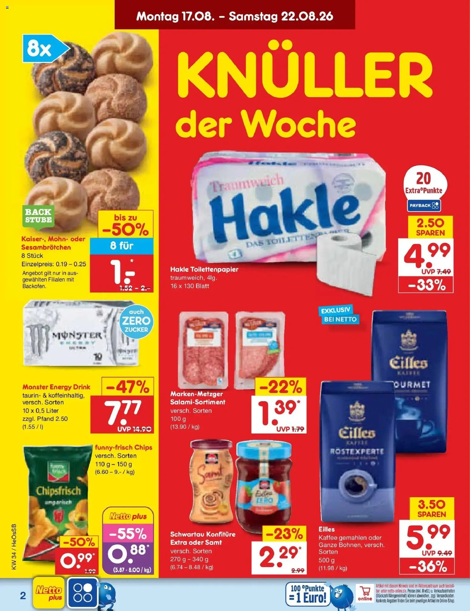 Netto Marken-Discount Prospekt Kröpelin – gültig ab 17.08.2026 | Seite: 2 | Produkte: Energy, Kaffee, Monster, Chips