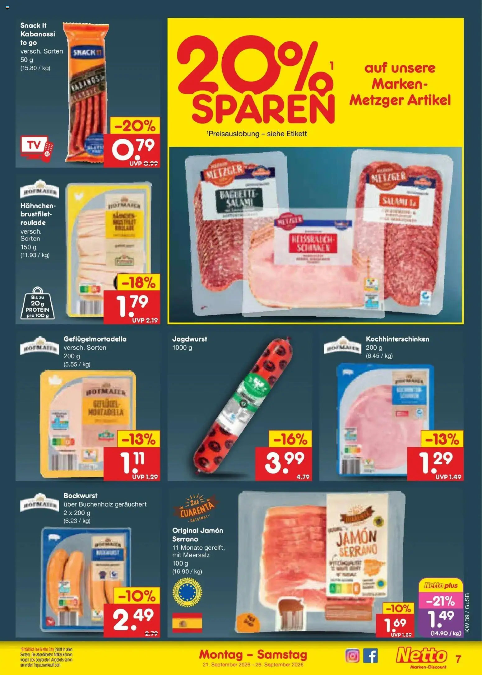 Netto Marken-Discount Prospekt Machern – gültig ab 21.09.2026 | Seite: 11 | Produkte: Bockwurst, Hahnchen, Baguette, TV