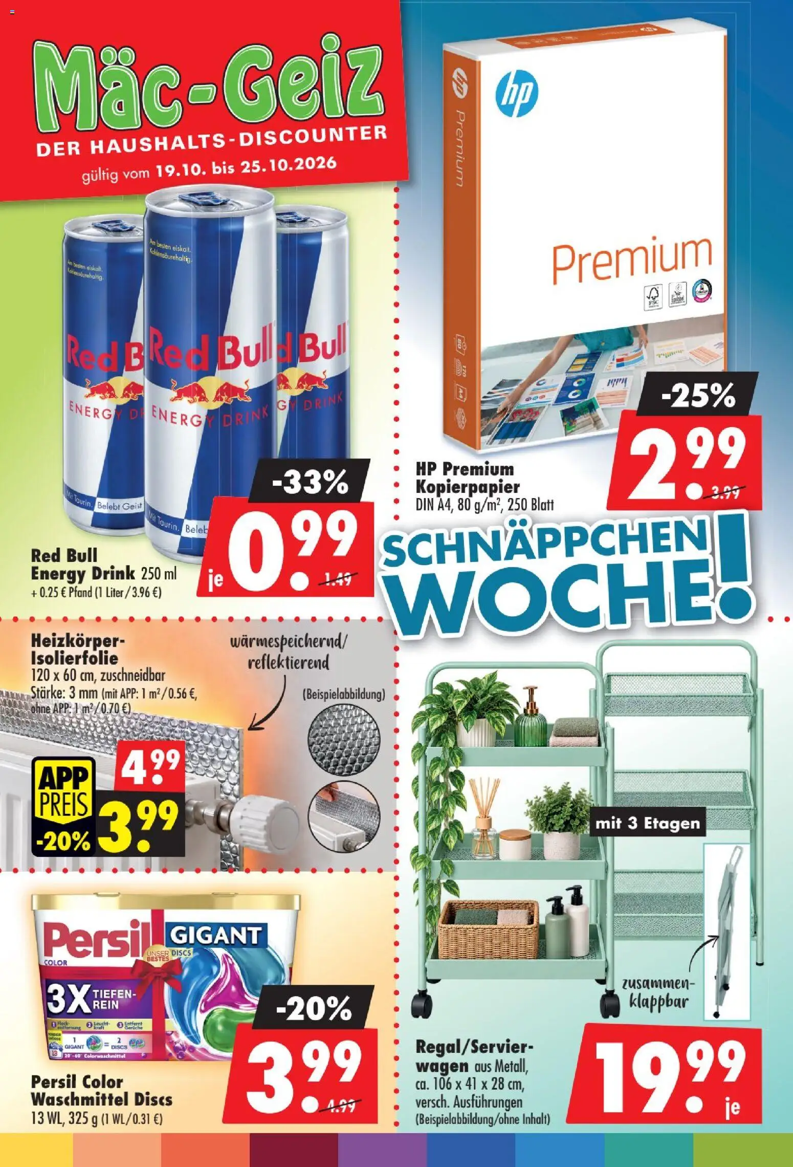 Mäc Geiz Prospekt – gültig ab 19.10.2026 | Seite: 1 | Produkte: HP, Red bull, Energy, Waschmittel