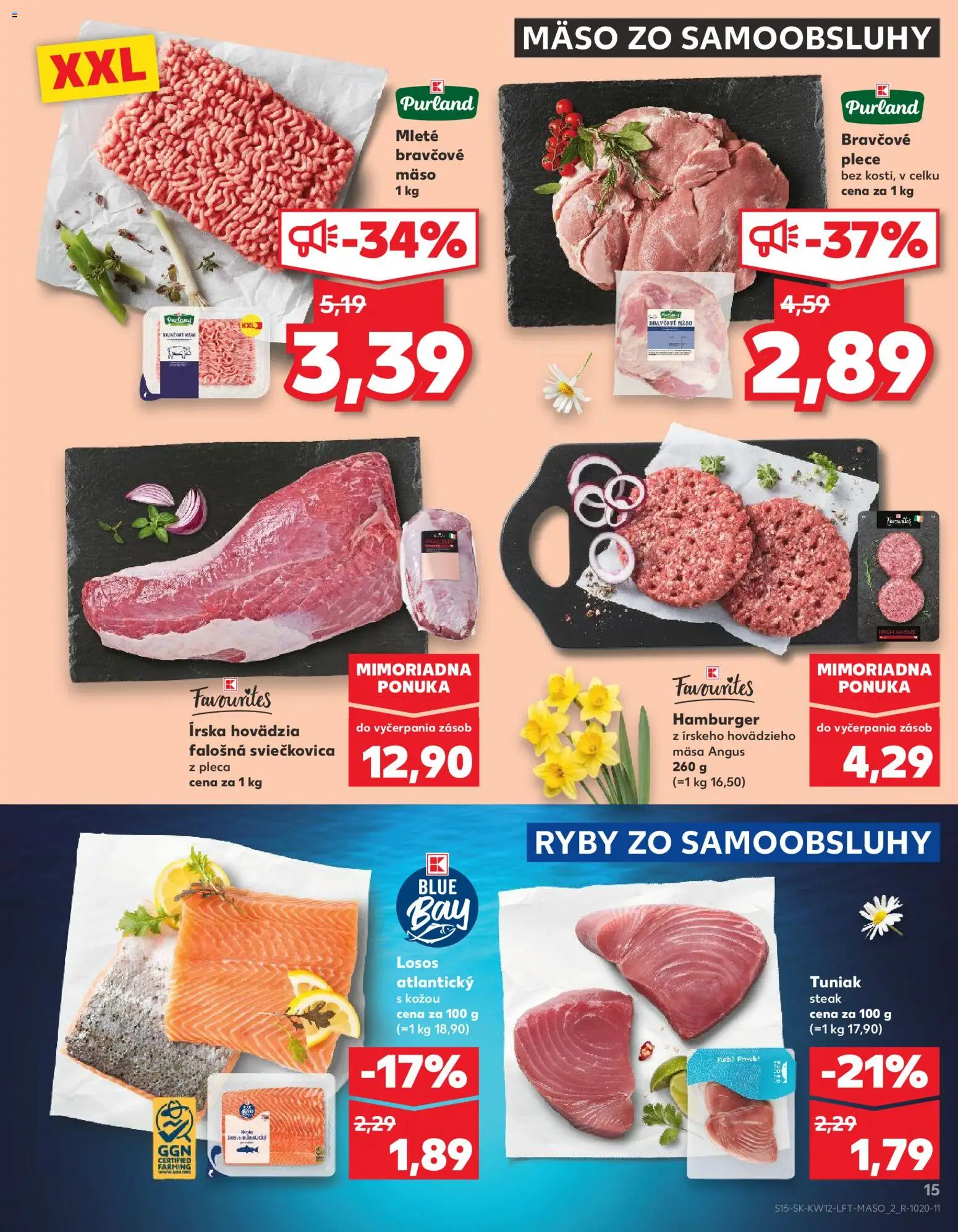Nové Kaufland akcie – leták je platný od 19.03.2026 | Strana: 15 | Produkty: Tuniak, Ryby, Losos, Steak