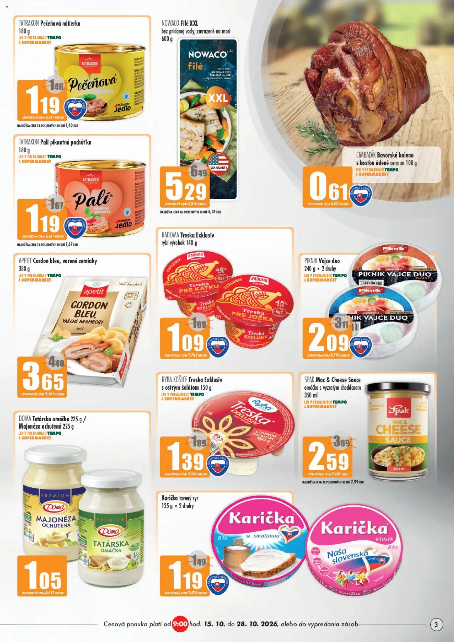 Nové COOP Jednota akcie – leták je platný od 15.10.2026 | Strana: 3 | Produkty: Syr, Tavený syr, Zemiaky, Omáčka