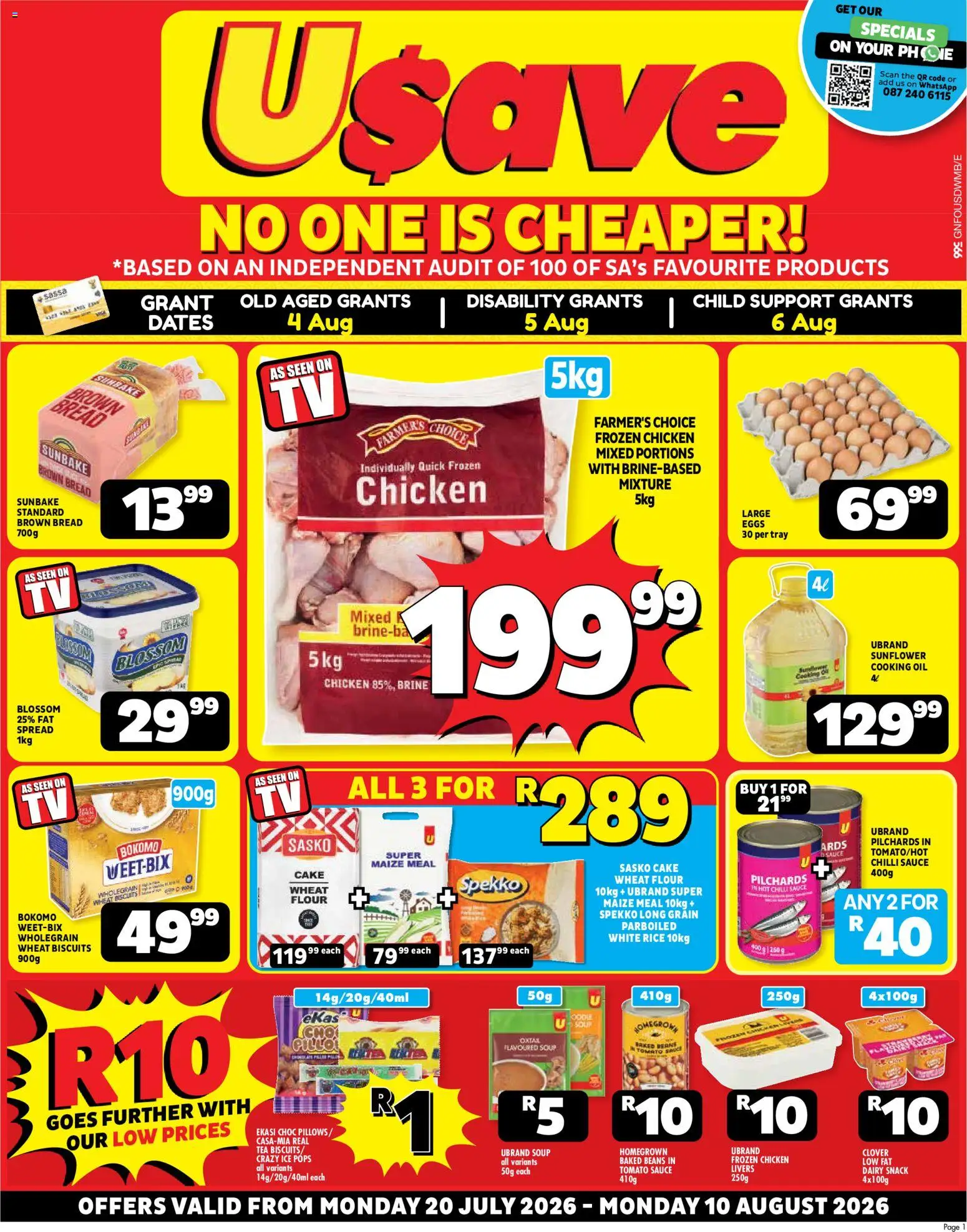 New Usave catalogue – valid from 20/07/2026 | Page: 1 | Products: Flour, Biscuits, Chicken, Sauce