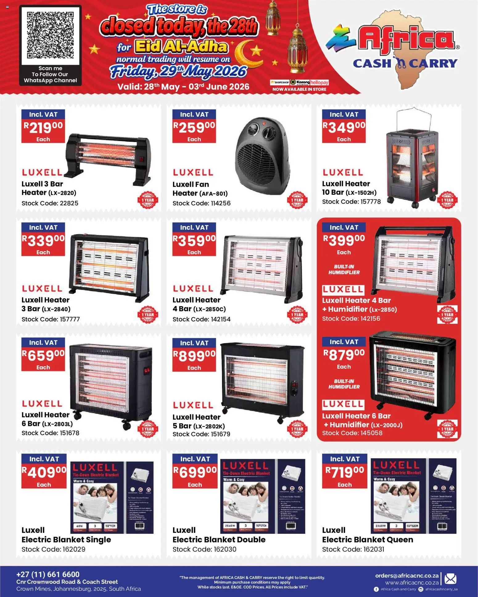 New Africa Cash & Carry catalogue – valid from 28.05.2026 | Page: 32 | Products: Fan, Blanket, Heater, Stock