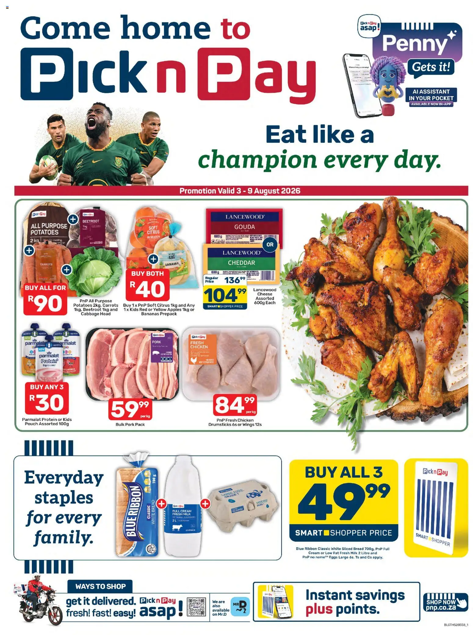 New Pick n Pay catalogue – valid from 03/08/2026 | Page: 1 | Products: Detergente líquido, Milk, Eggs, Bread