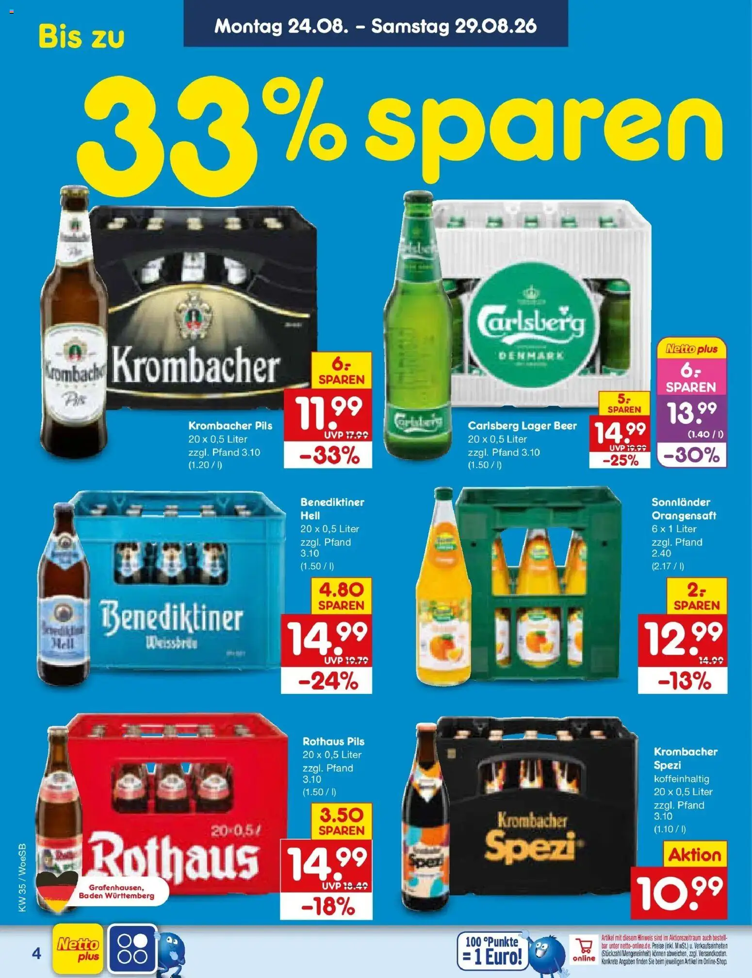 Netto Marken-Discount Prospekt Gemmingen (ab 24.08.2026) » Angebote | Seite: 4 | Produkte: Carlsberg, Pils, Orangensaft, Krombacher
